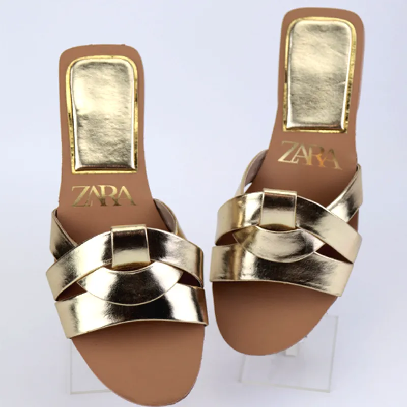 Flat Criss-Cross Leather Slider Sandals