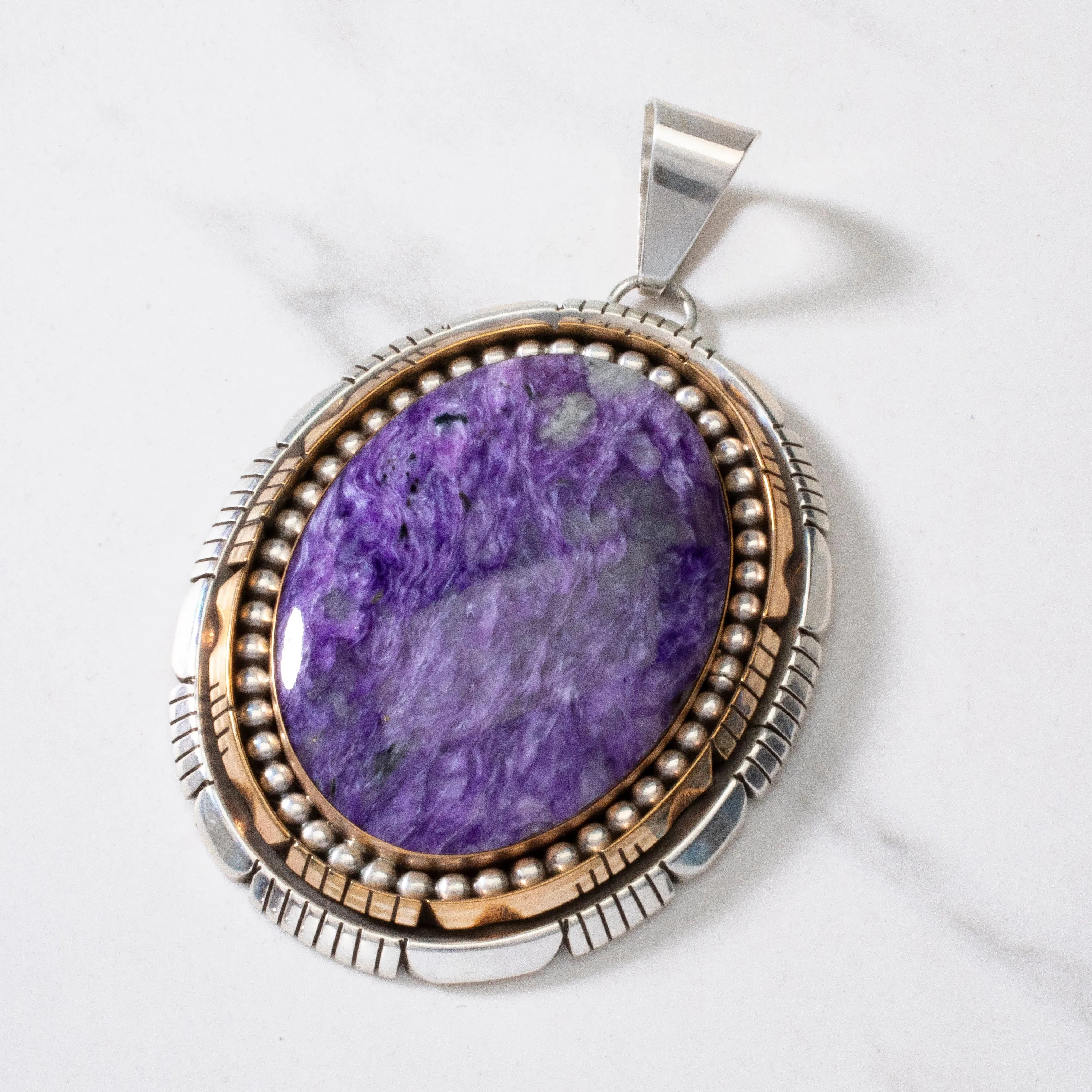 Gary Spencer Navajo Charoite Navajo USA Native American Made 925 Sterling Silver & 12K Gold Filled Pendant