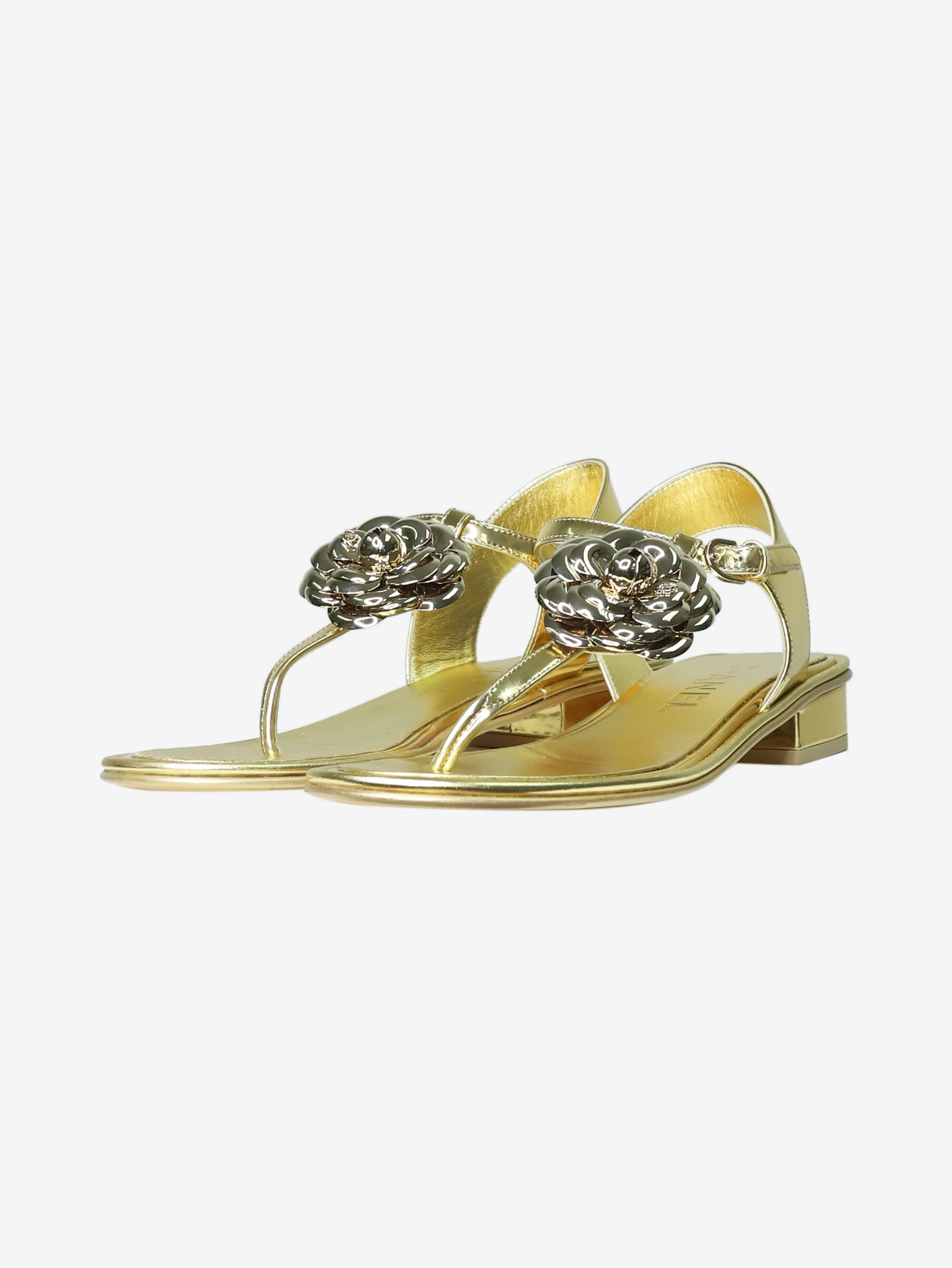 Gold T-strap sandals with flower detailing - size EU 37.5