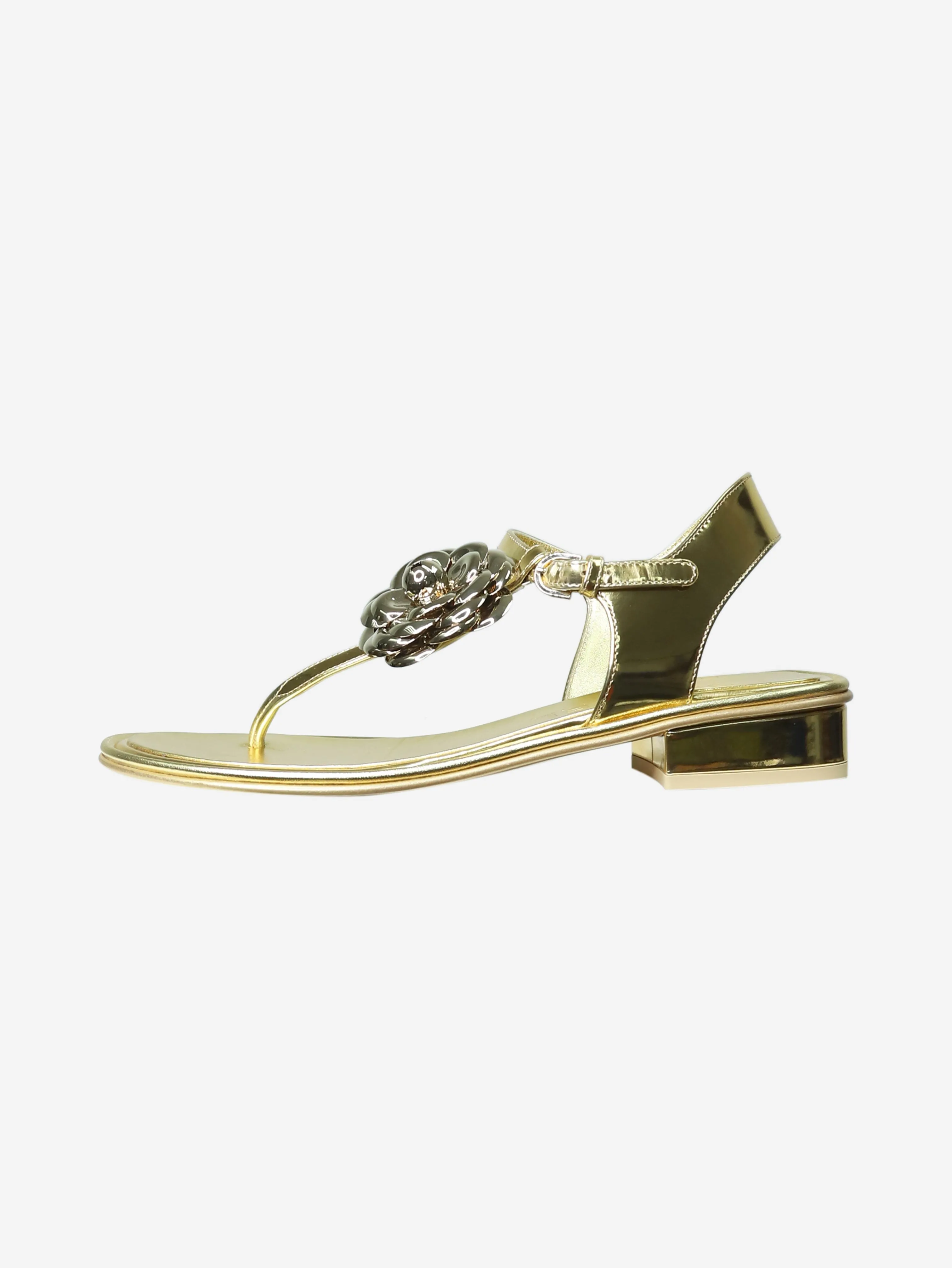 Gold T-strap sandals with flower detailing - size EU 37.5