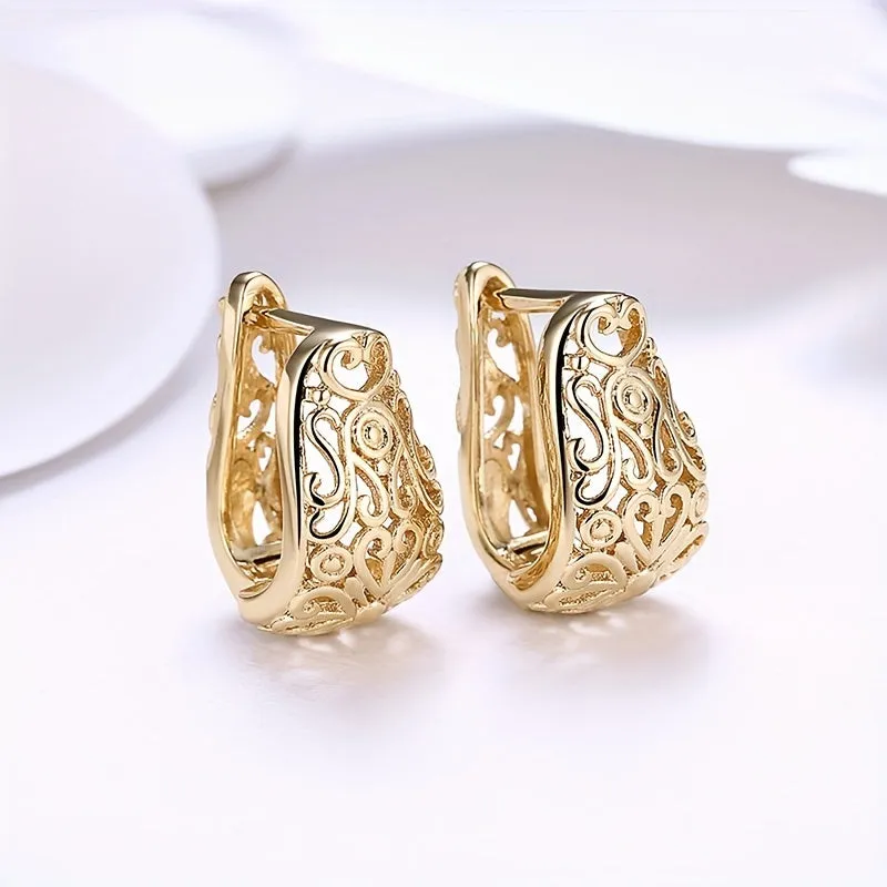 Golden Chunky Hollow Carved Pattern Hoop Earrings Luxury Elegant Style Exquisite Accessories Female Gift