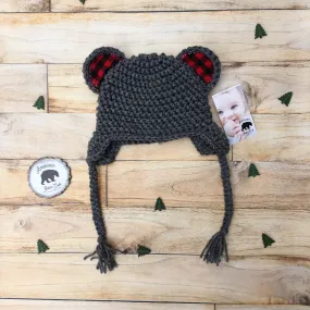 Handmade Bear Hat with Buffalo Plaid Ears - Gray