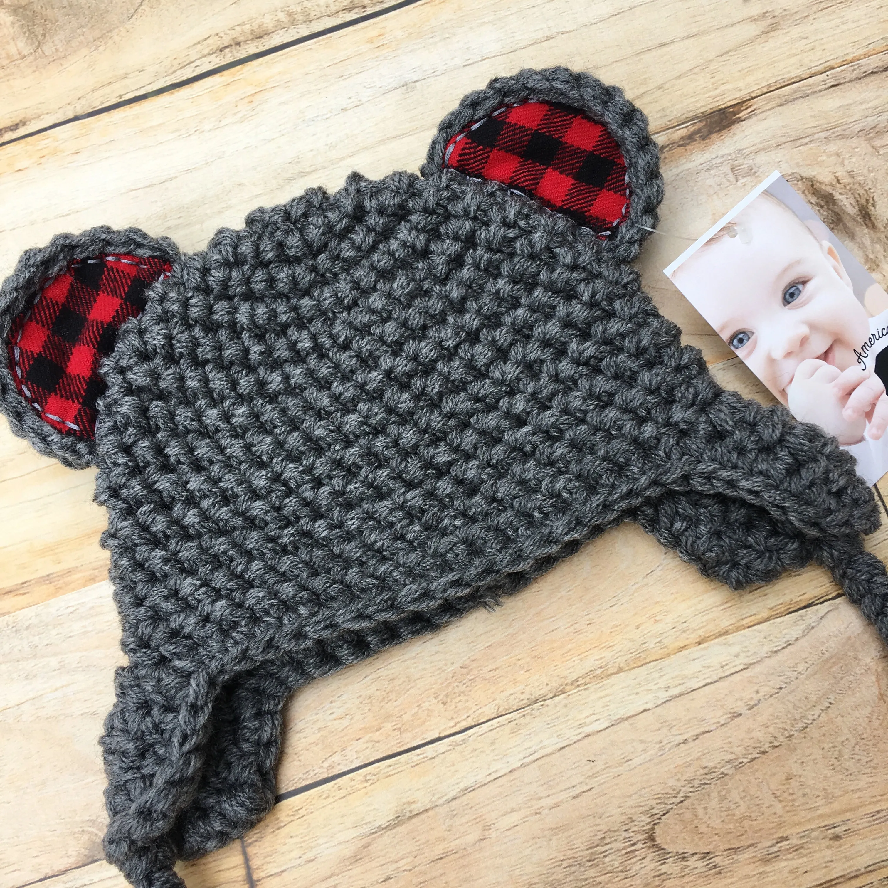 Handmade Bear Hat with Buffalo Plaid Ears - Gray