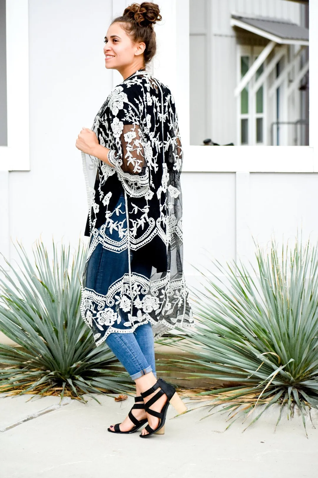 I Will Follow Black and White Embroidered Duster Cardigan