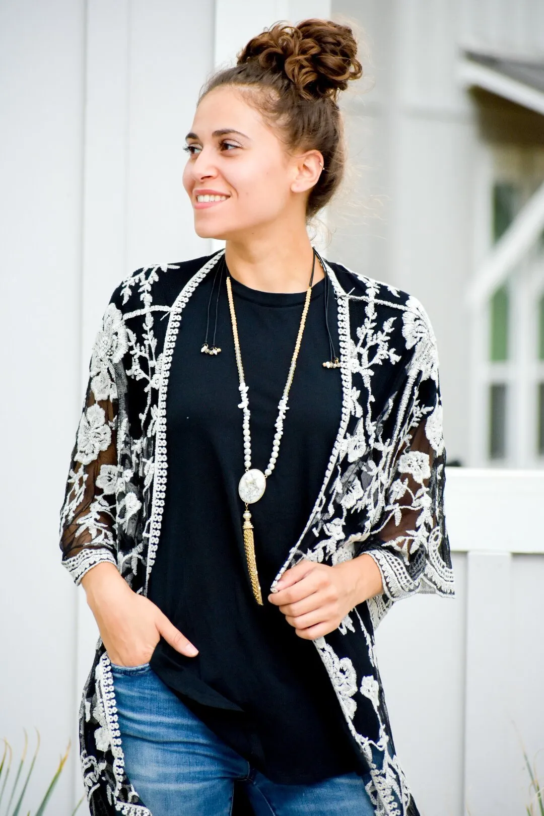 I Will Follow Black and White Embroidered Duster Cardigan