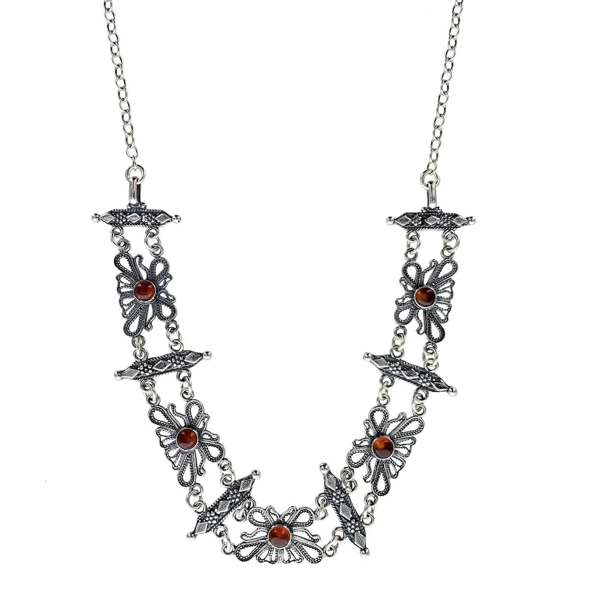 Israeli Yemenite Filigree Carnelian Flower Link Necklace