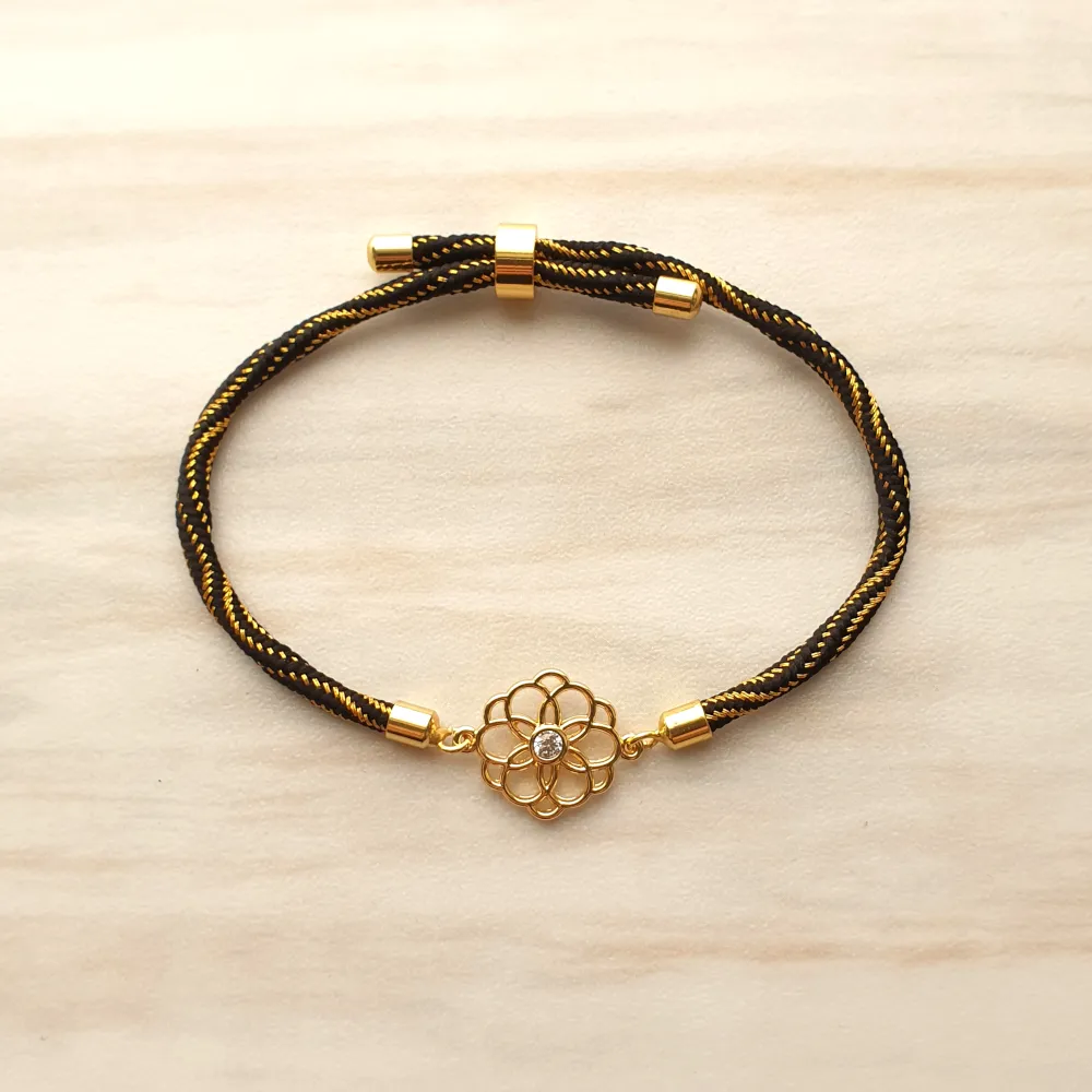 Kelly Chrysanthemum Flower Cutout Metallic Corded Slider Bracelet