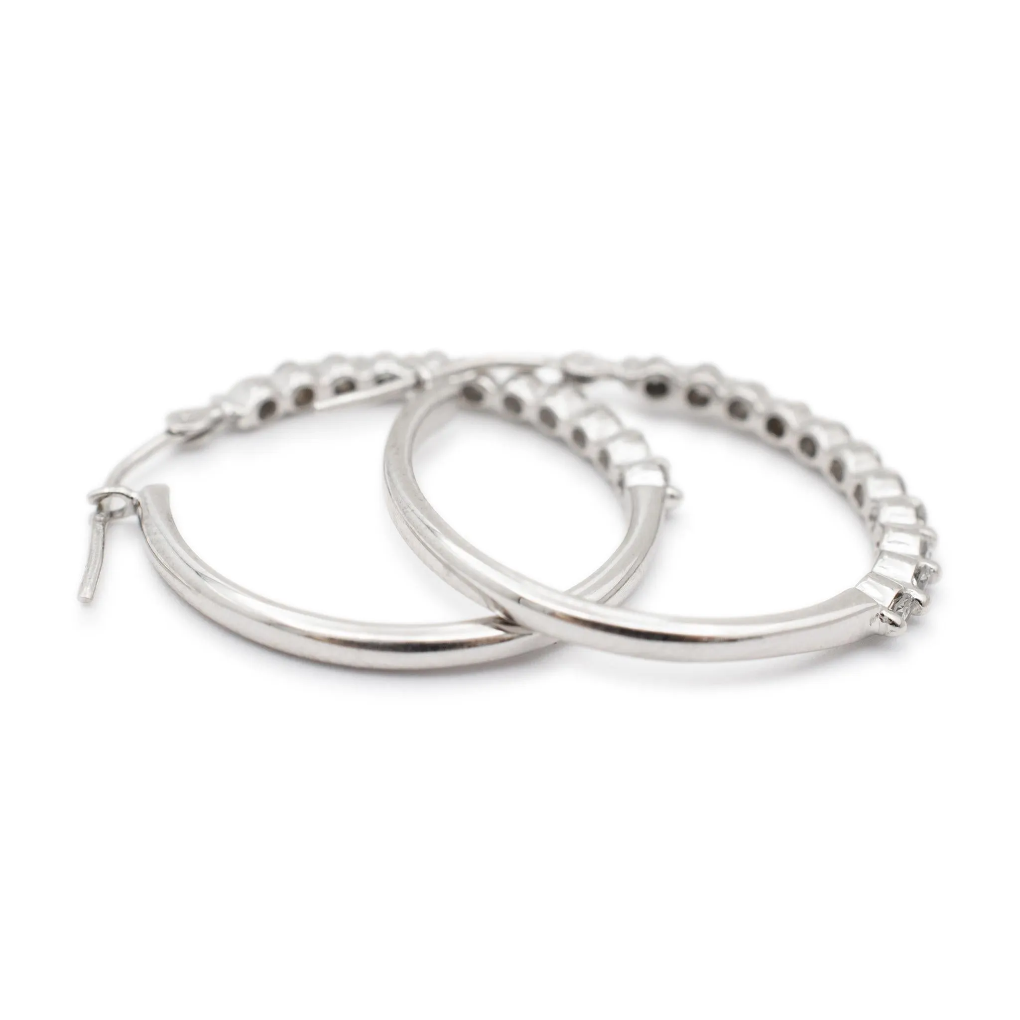 Ladies 14K White Gold Half Eternity Diamond Hoop Earrings