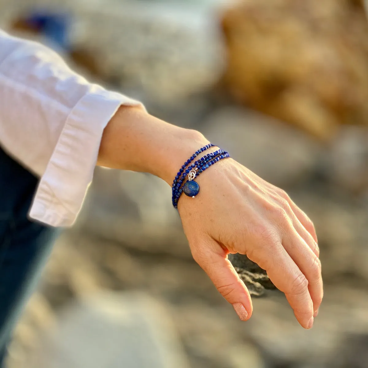 Lapis Lazuli Wrap Bracelet to Bring Self Awareness - Silver