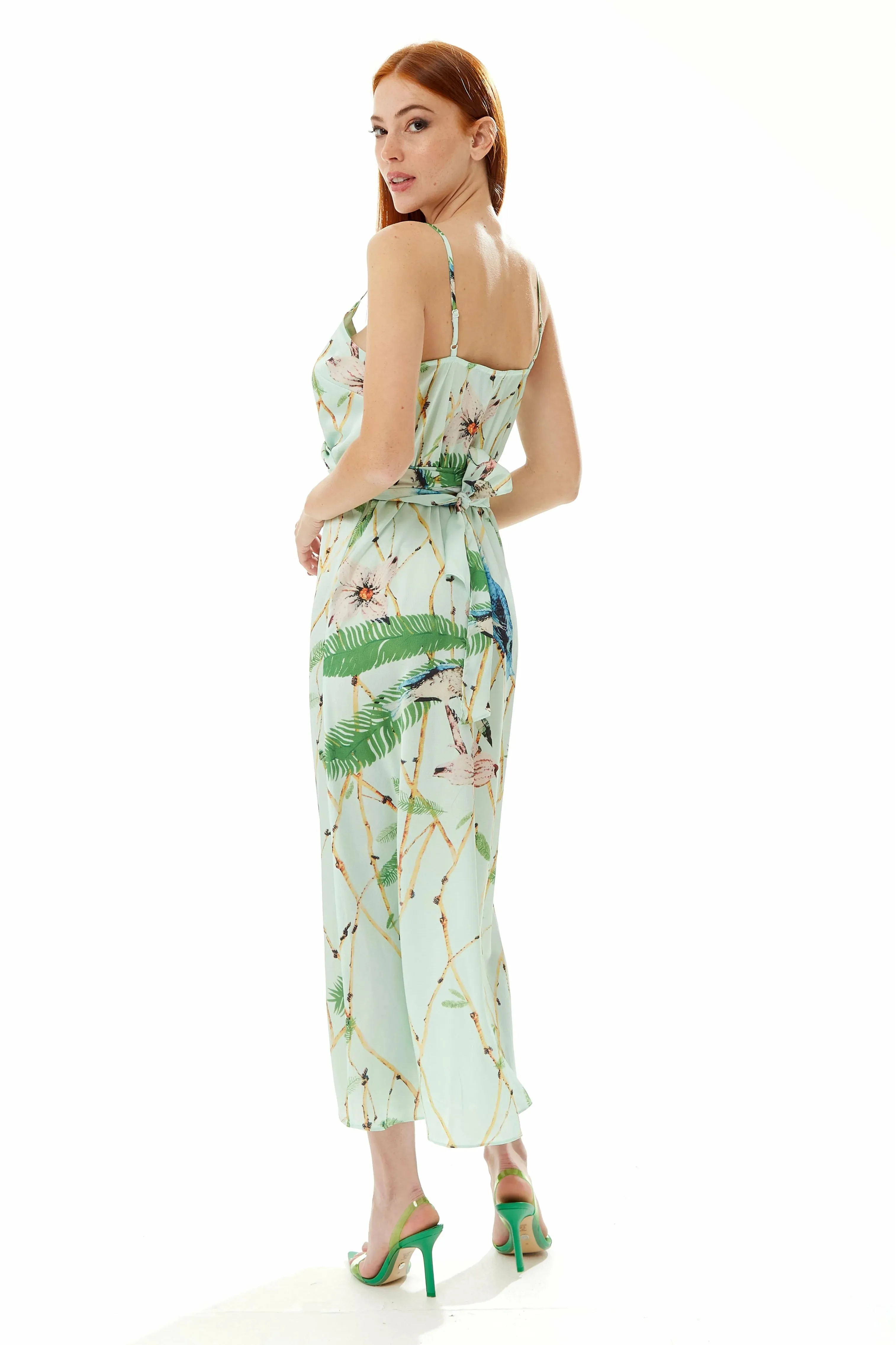 Liquorish Bird Print Cami Maxi Dress In Mint Green