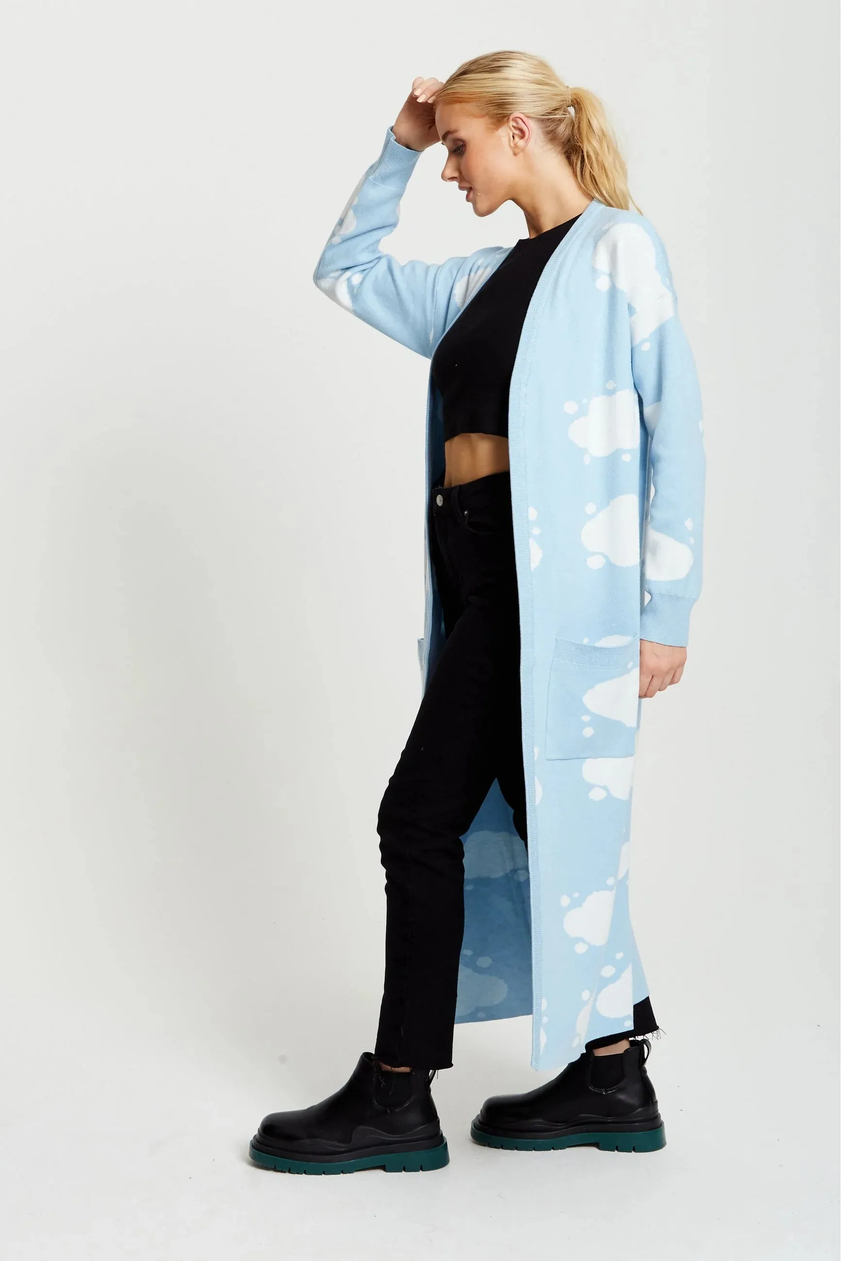 Liquorish Cloud Pattern Longline Cardigan In Light Blue