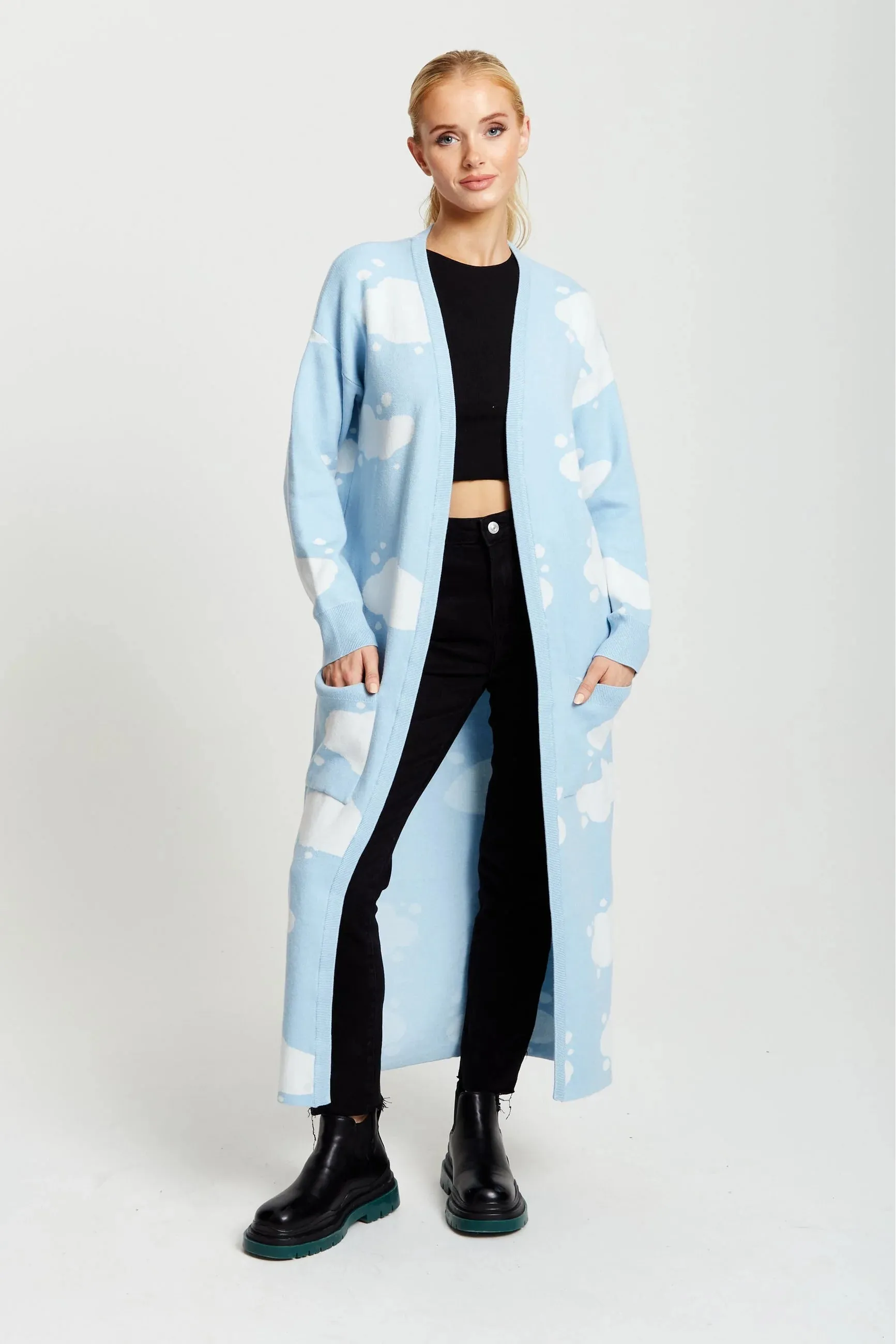 Liquorish Cloud Pattern Longline Cardigan In Light Blue