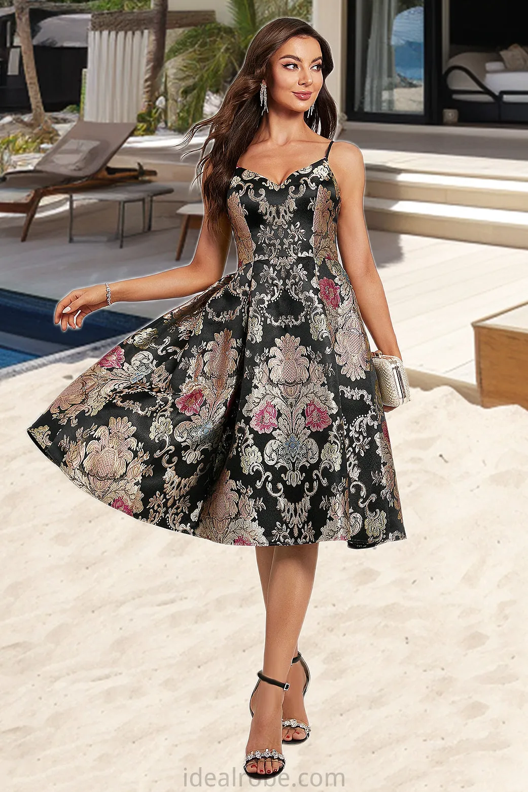 Maya A-line V-Neck Knee-Length Lace Satin Homecoming Dress With Flower STKP0020521