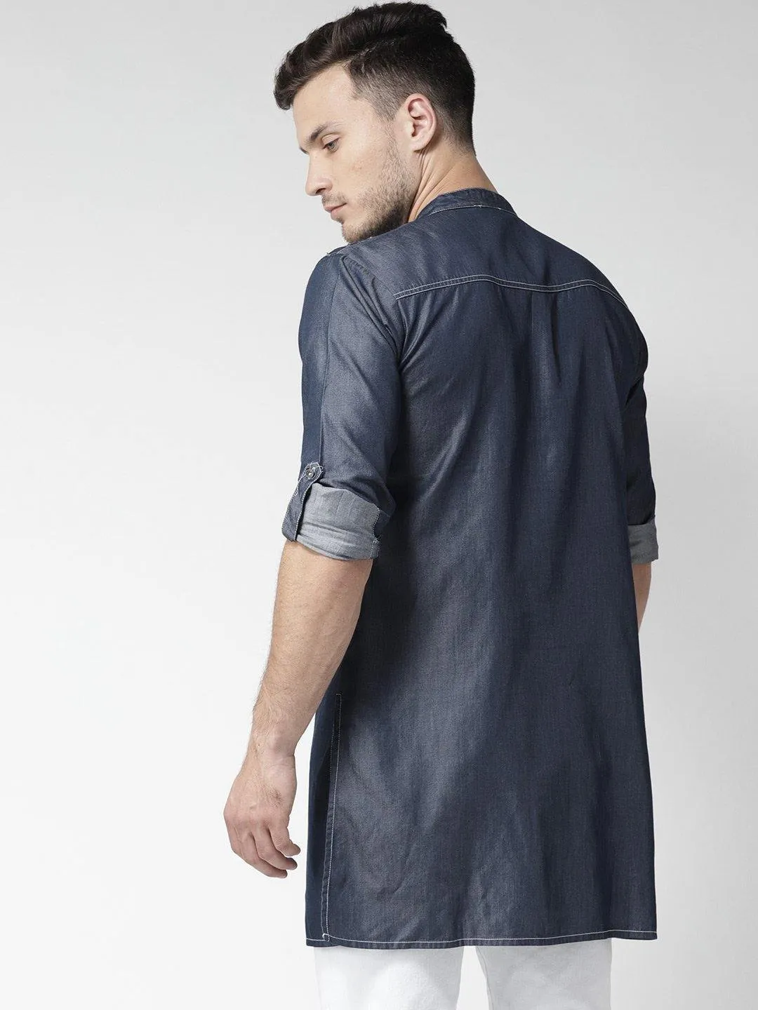 Men Navy Solid Straight Kurta