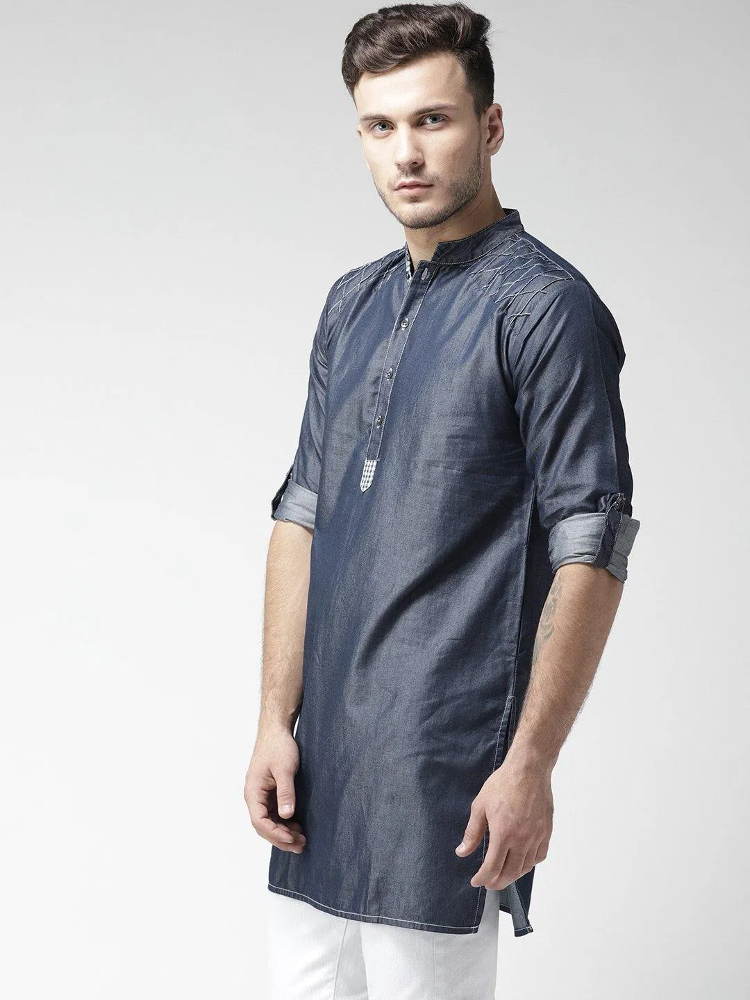 Men Navy Solid Straight Kurta