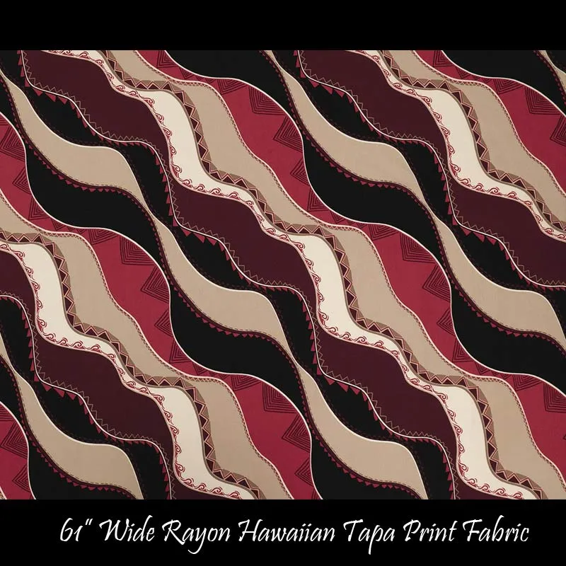 Modern Hawaiian Tribal Print Rayon Fabric | Maroon and Black Wave Design RED-0001RP