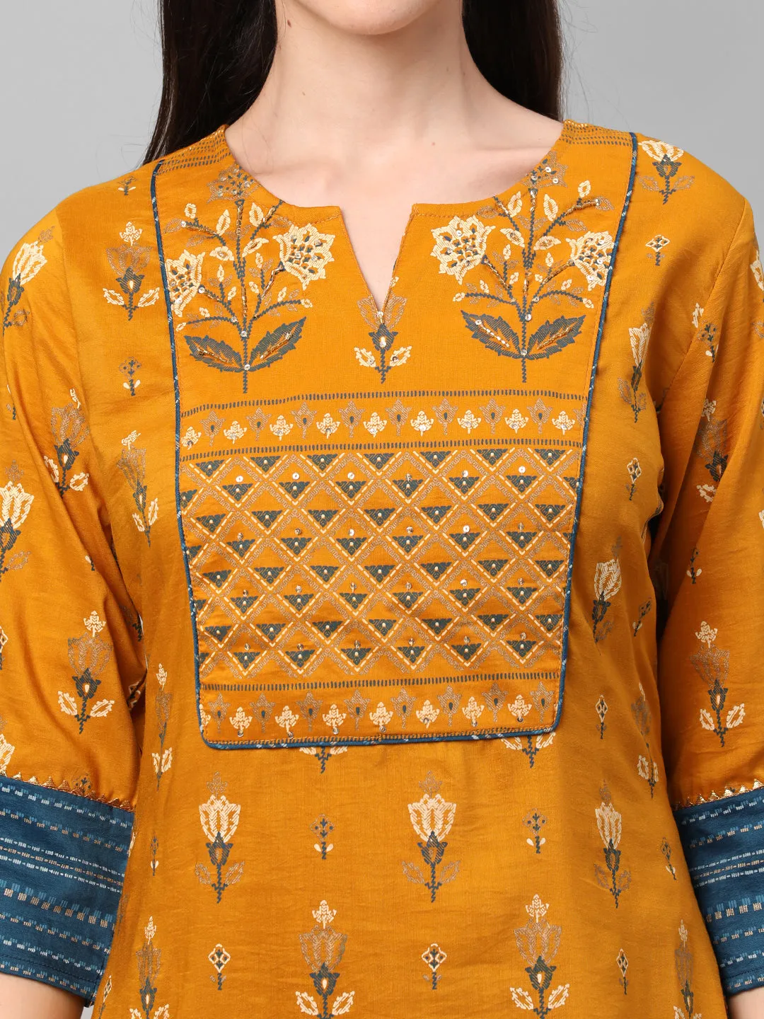 Mustard Ornamental Printed Kurta With Comfort Pant