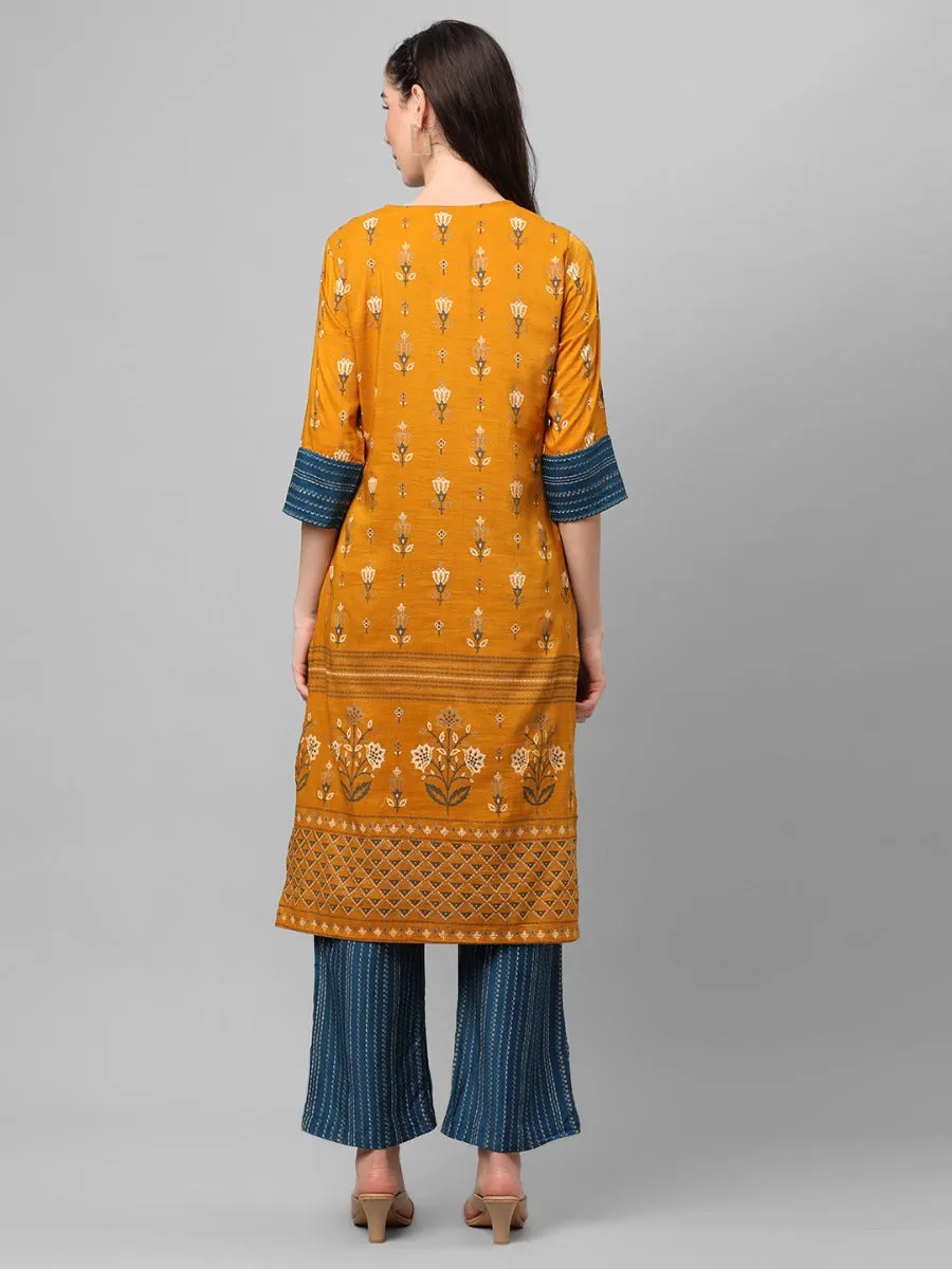 Mustard Ornamental Printed Kurta With Comfort Pant