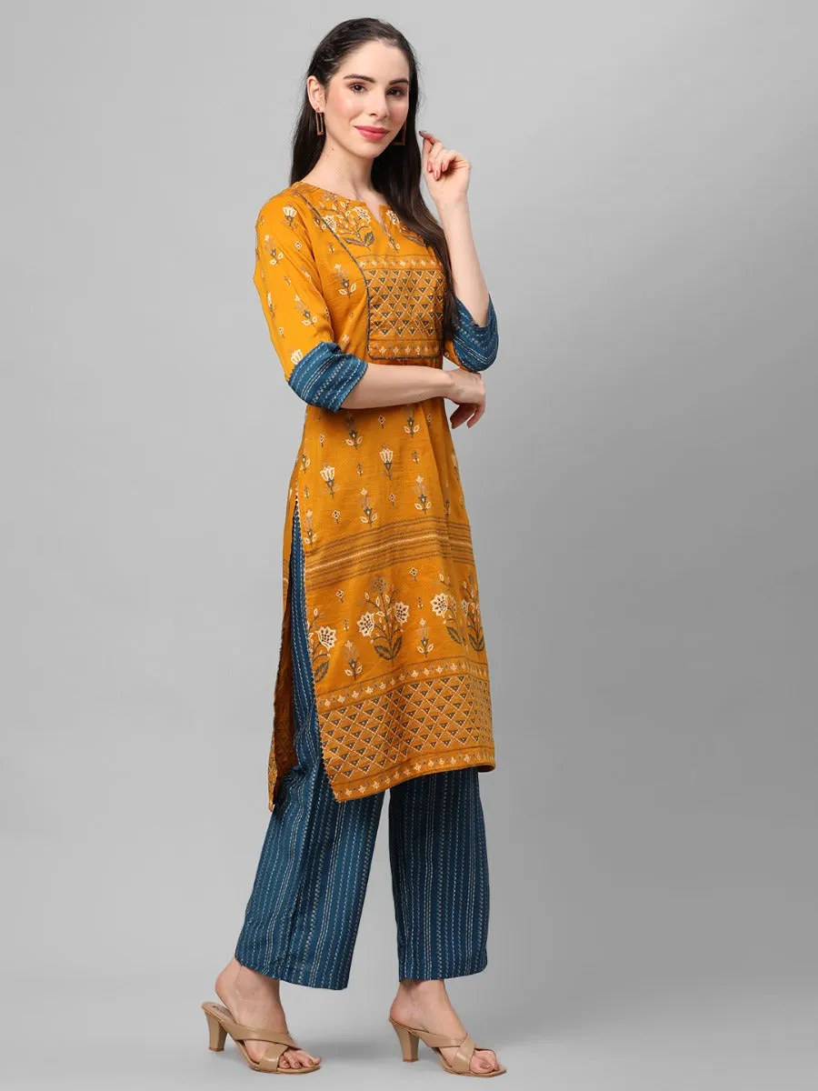 Mustard Ornamental Printed Kurta With Comfort Pant