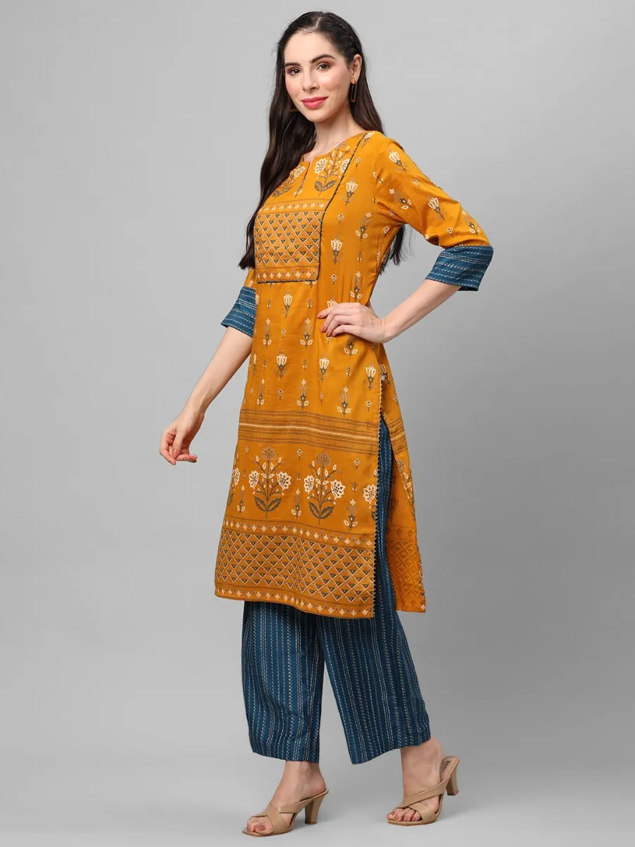 Mustard Ornamental Printed Kurta With Comfort Pant