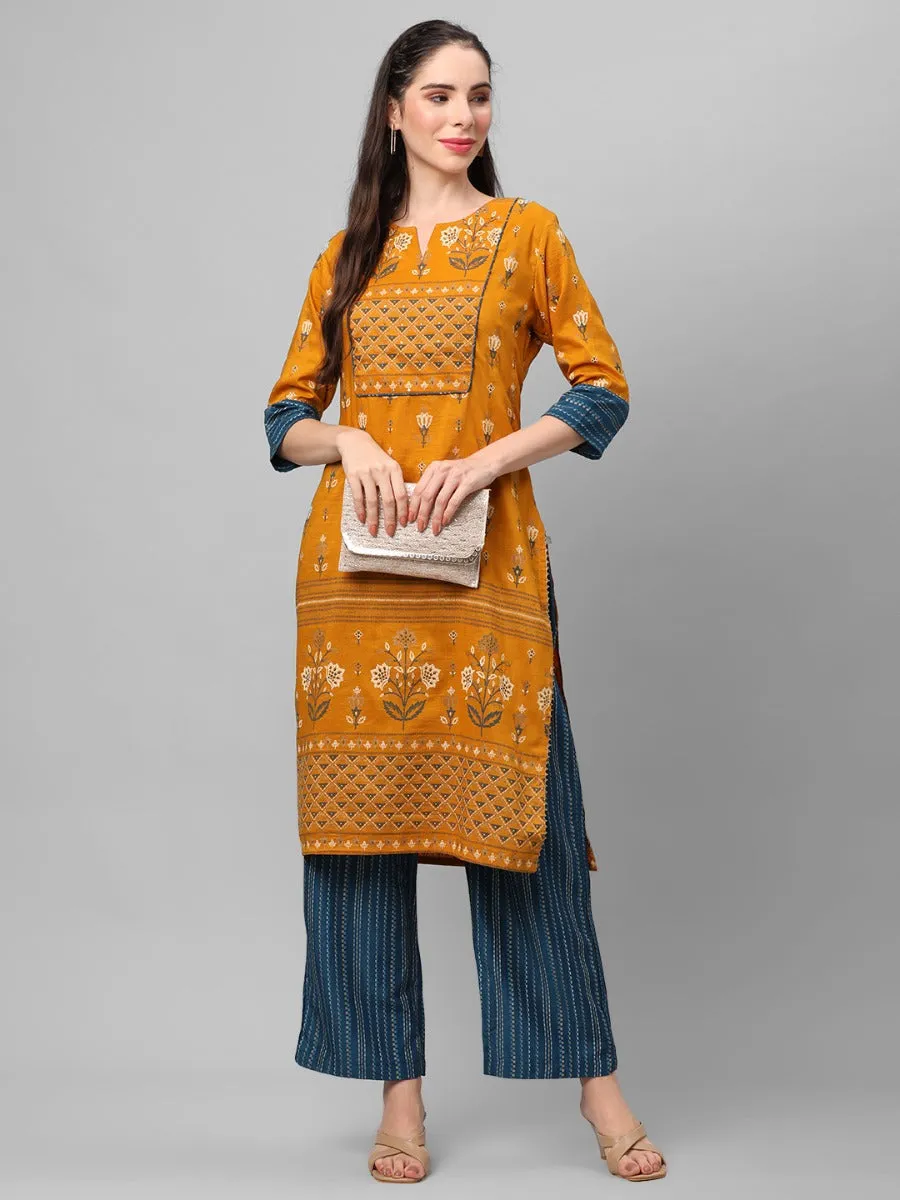 Mustard Ornamental Printed Kurta With Comfort Pant