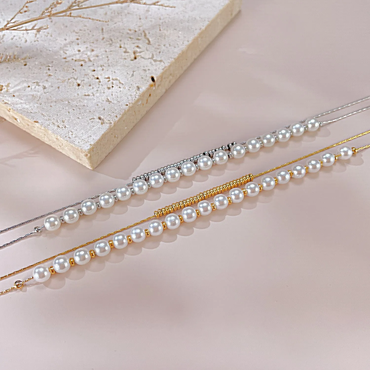 No-Tarnish Medical Titanium Half Pearl Half Chain Double Stacked Pearl Necklace