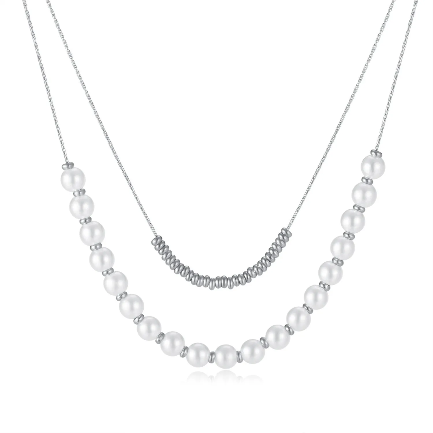 No-Tarnish Medical Titanium Half Pearl Half Chain Double Stacked Pearl Necklace