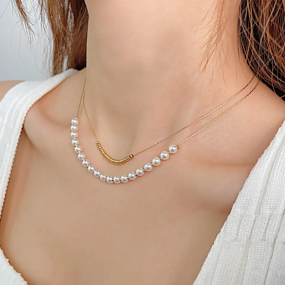 No-Tarnish Medical Titanium Half Pearl Half Chain Double Stacked Pearl Necklace