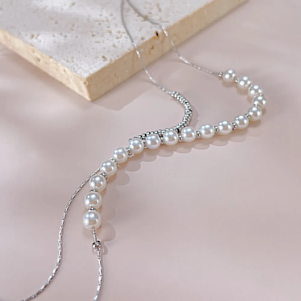 No-Tarnish Medical Titanium Half Pearl Half Chain Double Stacked Pearl Necklace