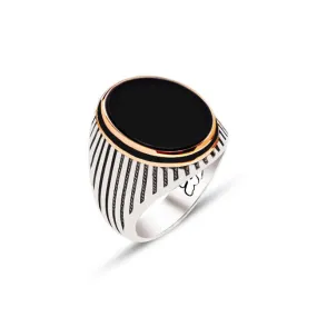 Onyx Stone with Enameled Black Small Ellipse Silver Men’s Ring Siding Striped Pattern