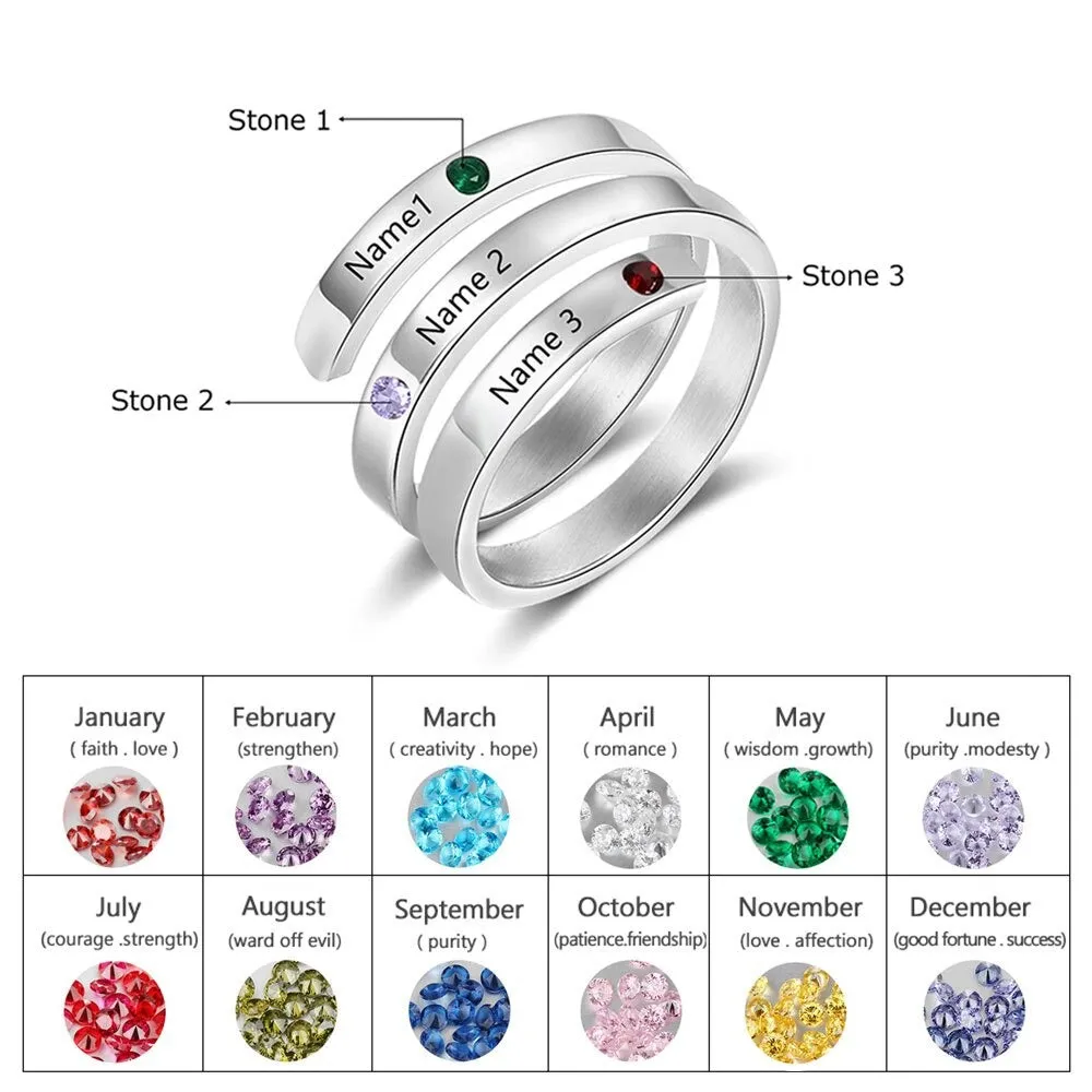 Personalized 3 Names And Birthstones Wrap Ring For Women