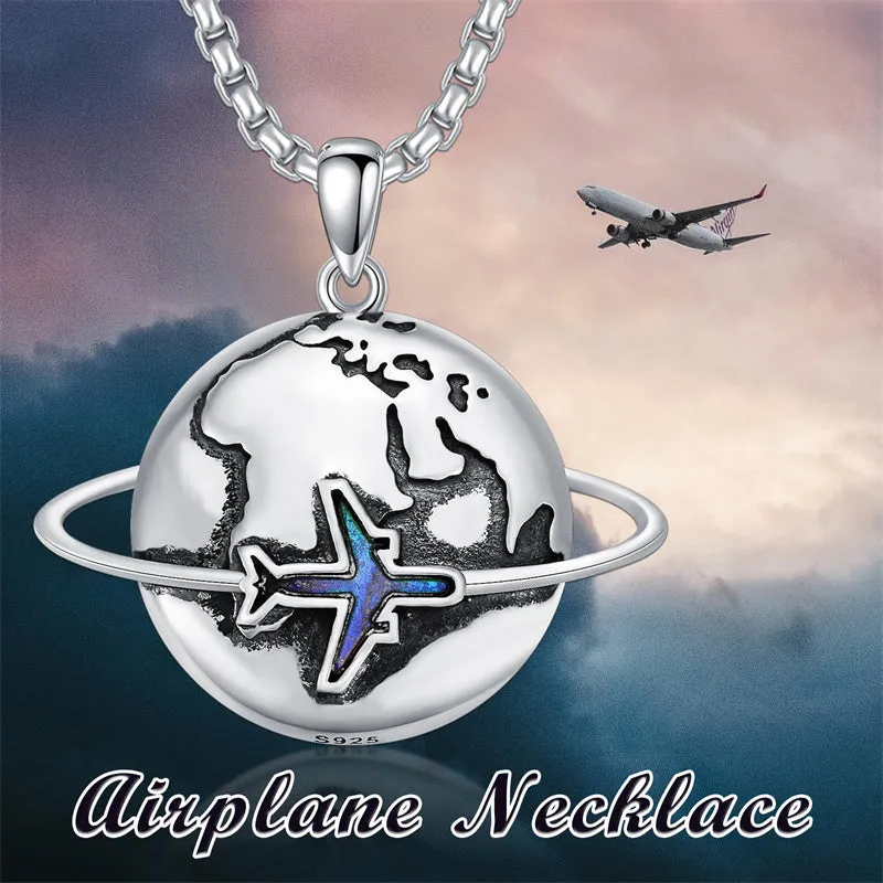 Planet Necklace Airplane Necklace S925 Sterling Silver Travel Jewelry Gifts for Men Women