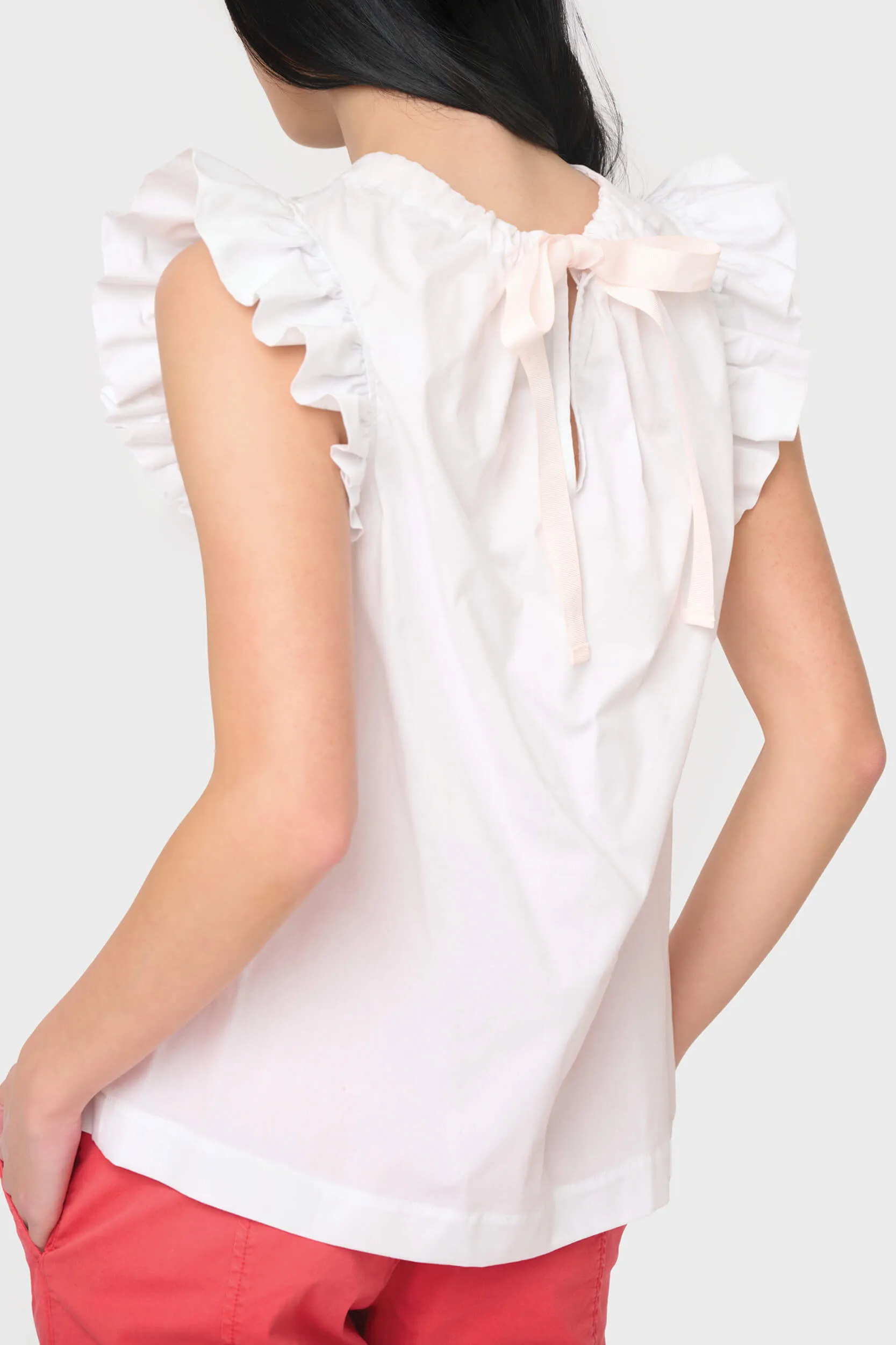 Poplin Flutter Sleeve Top with Grosgrain Ribbon Tie