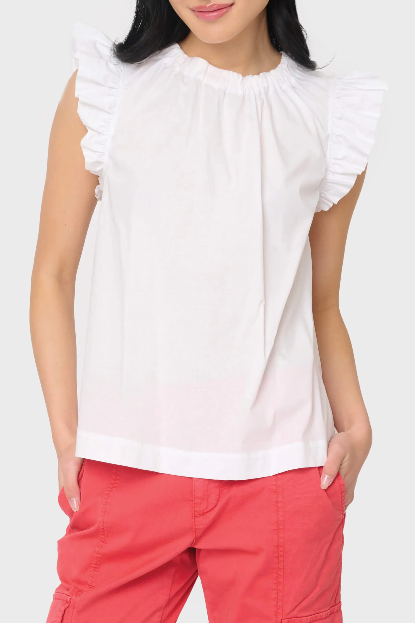 Poplin Flutter Sleeve Top with Grosgrain Ribbon Tie