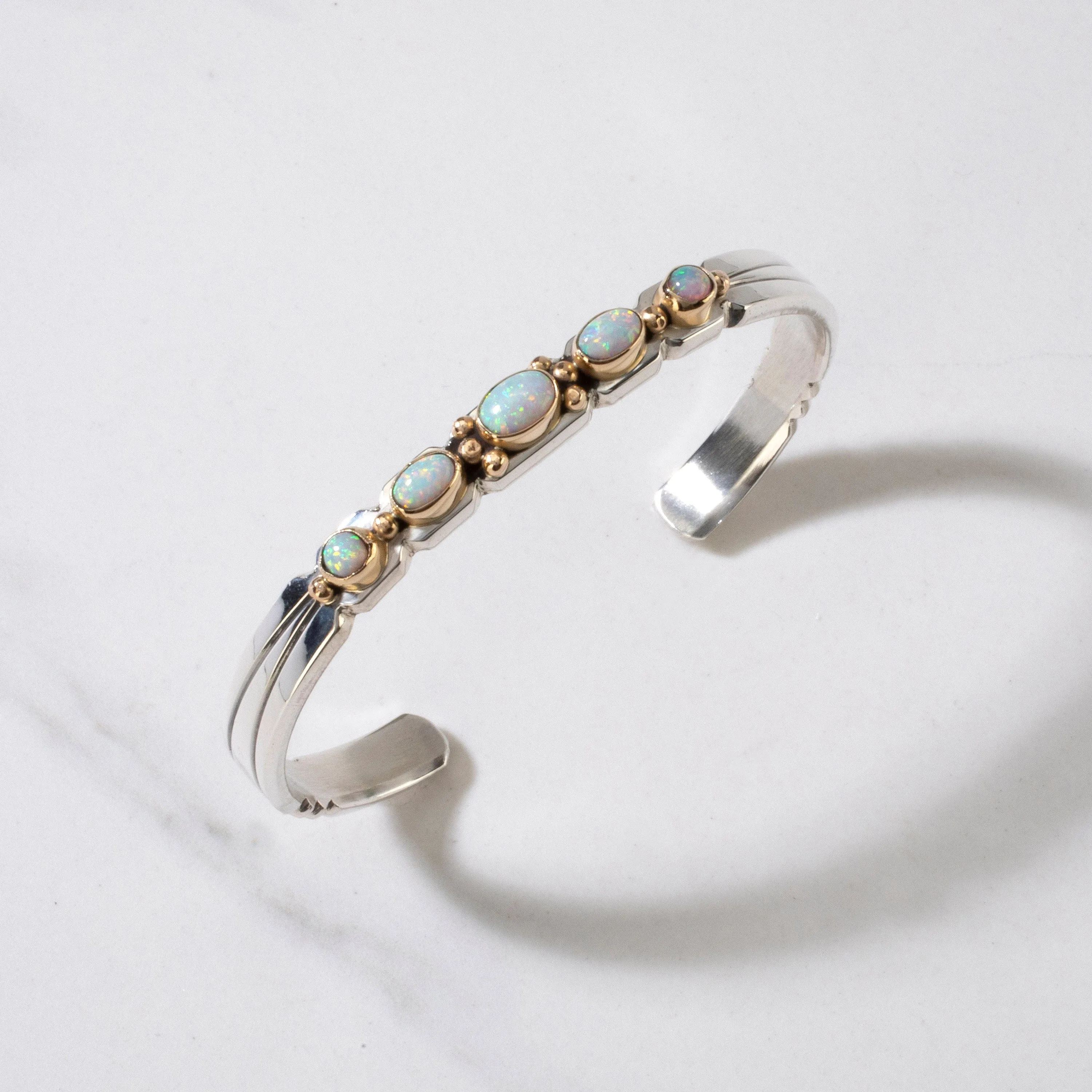 Ray Bennett Opal & 14K Gold Navajo USA Native American Made 925 Sterling Silver Cuff