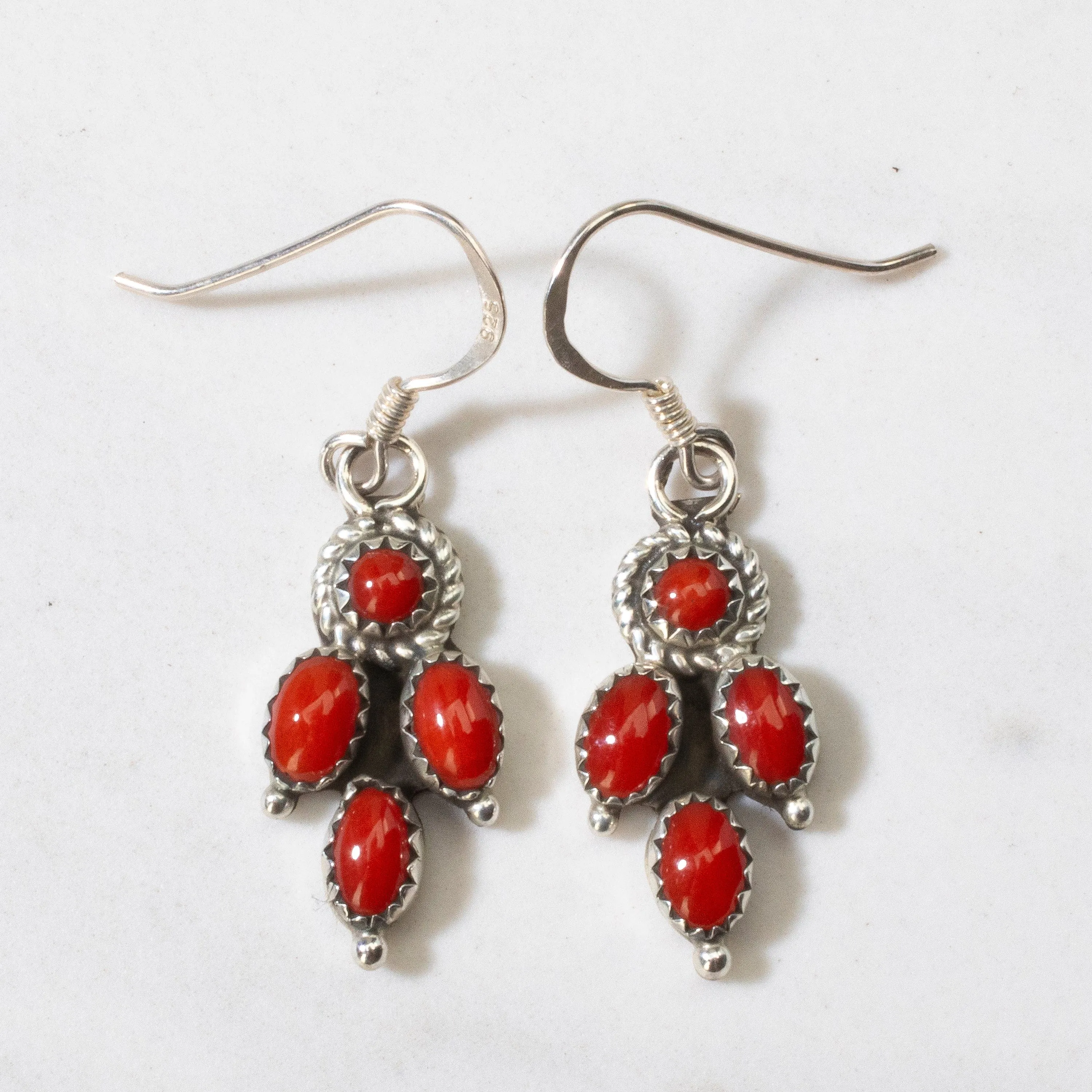 Red Coral Dangle Navajo USA Native American Made 925 Sterling Silver Earrings with French Hook