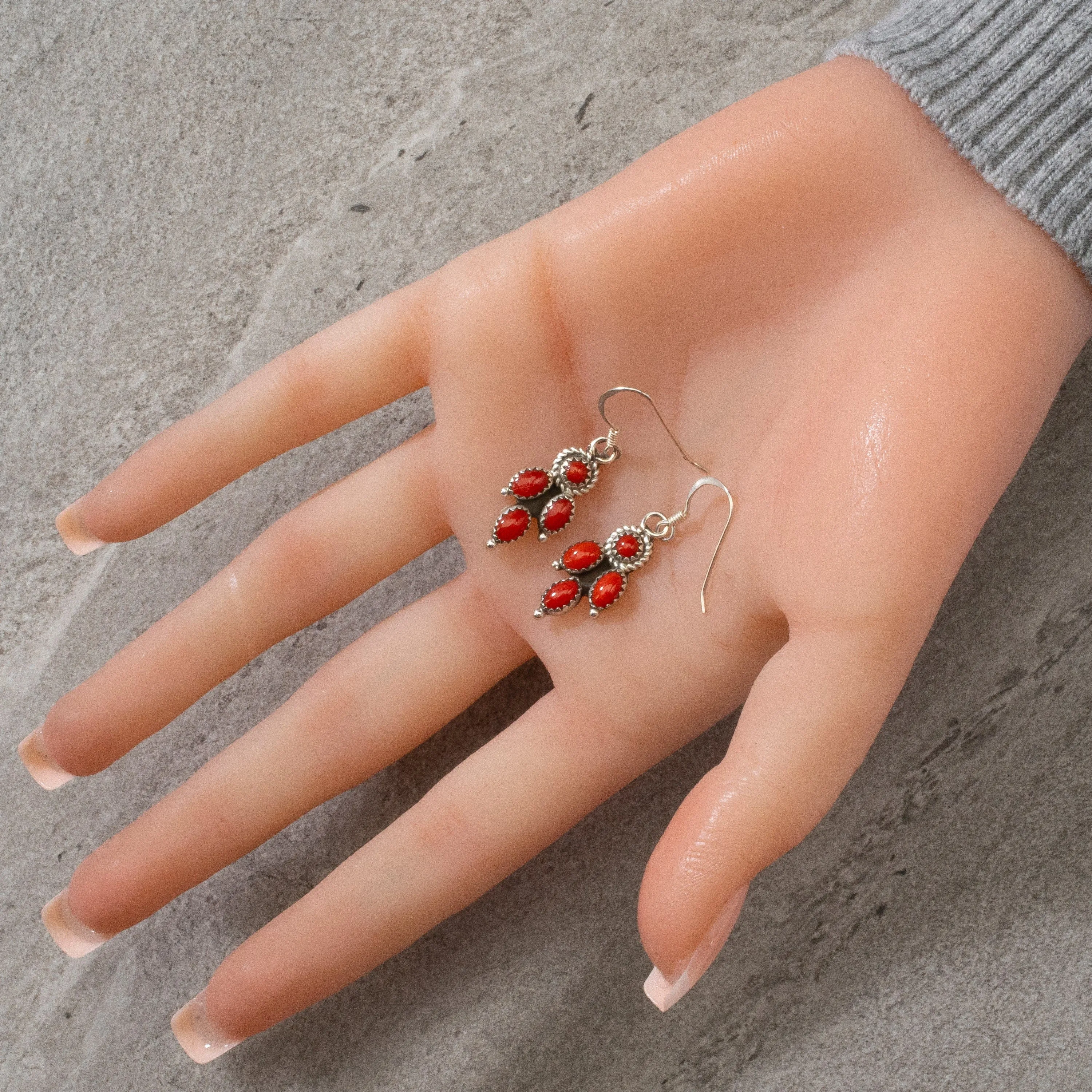 Red Coral Dangle Navajo USA Native American Made 925 Sterling Silver Earrings with French Hook