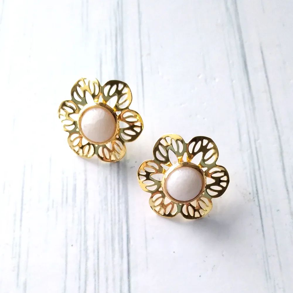 Round White Opal Stud with Cutout Gumamela Earring Jacket