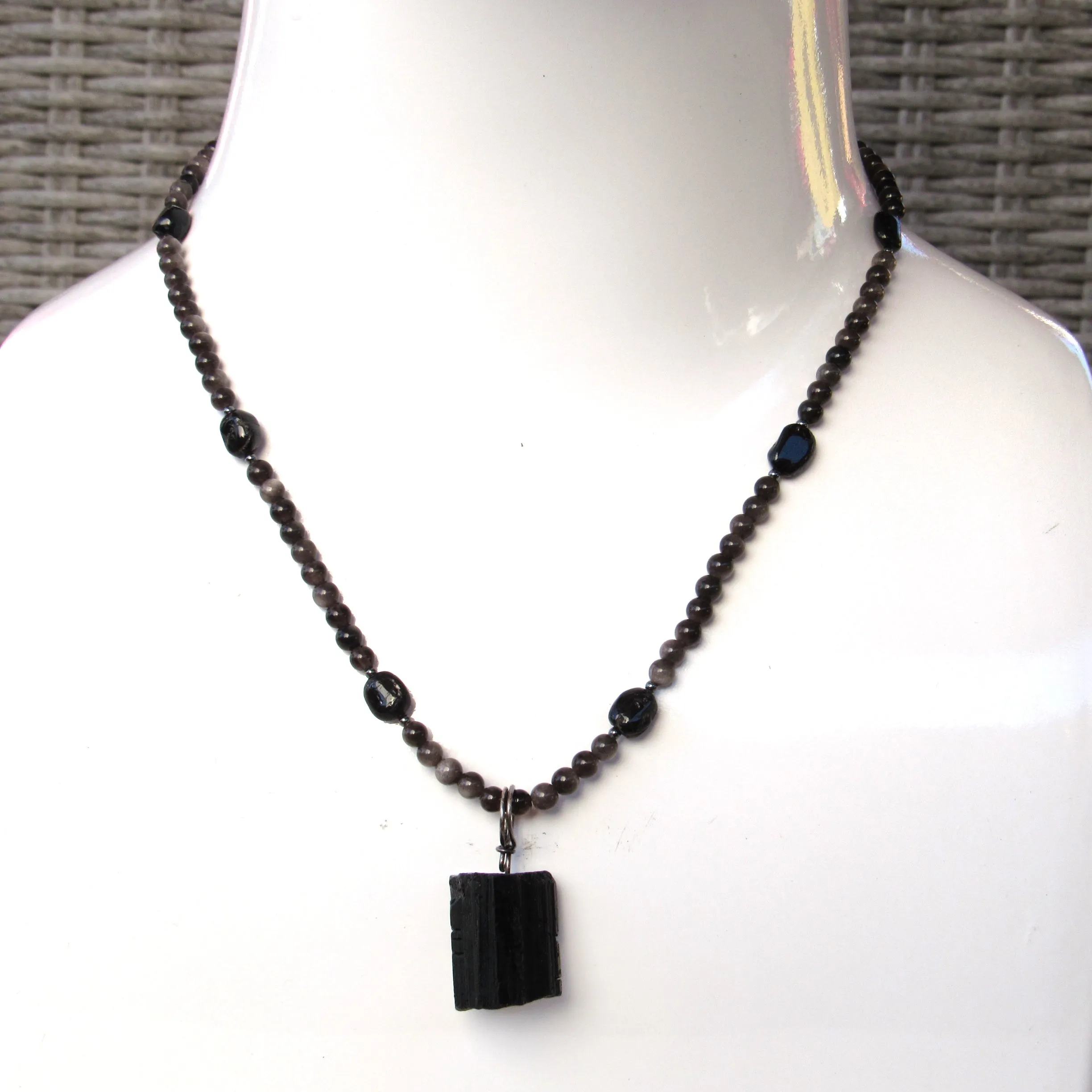 Silver Obsidian and Black Tourmaline gemstone Necklace