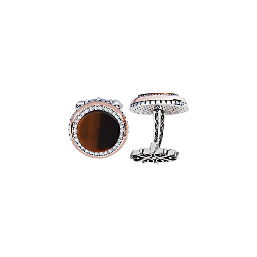 Silver Tiger Eye Stone White Zircon Inlaid Cufflink