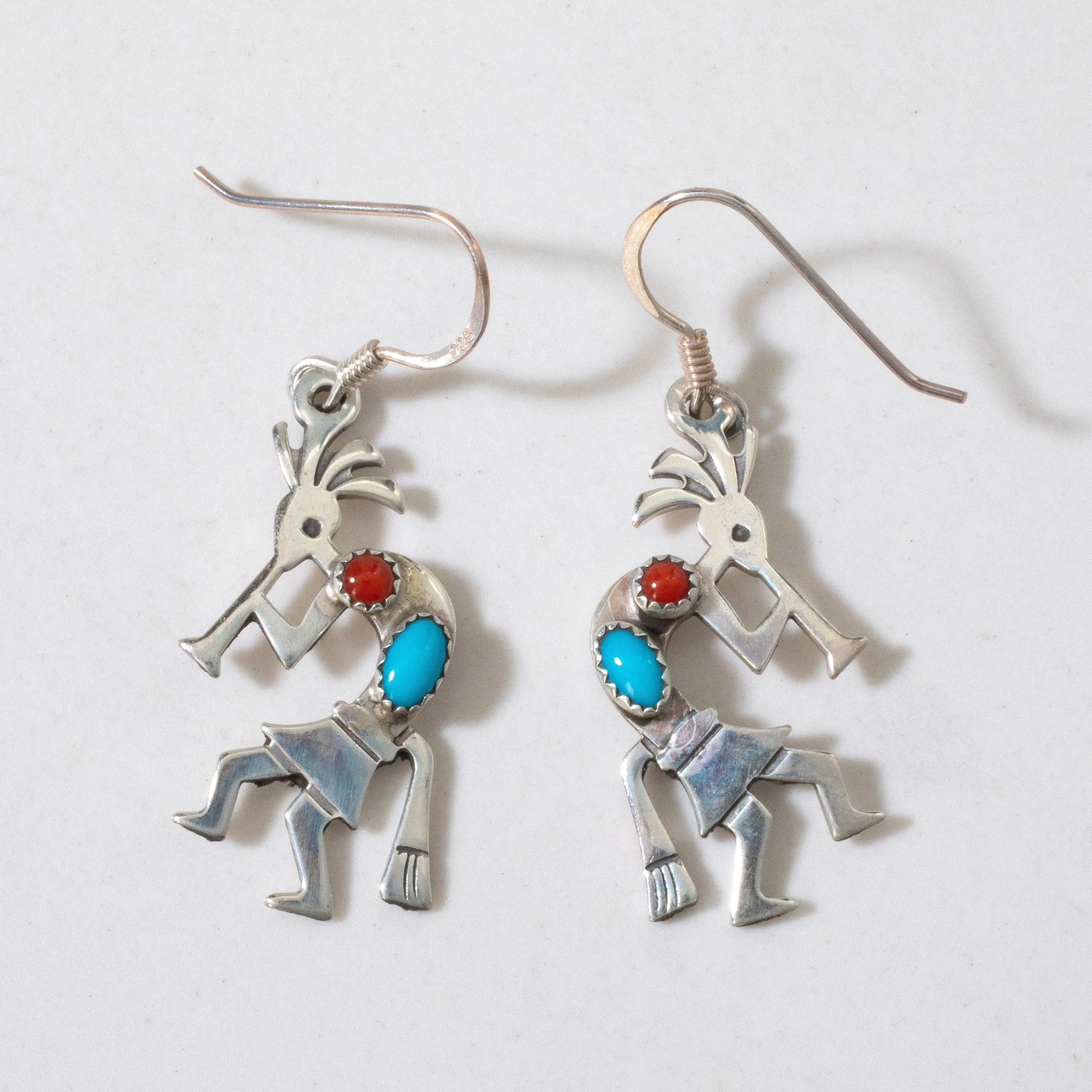 Sleeping Beauty Turquoise & Red Coral Kokopelli Navajo USA Native American Made 925 Sterling Silver Earrings with French Hook