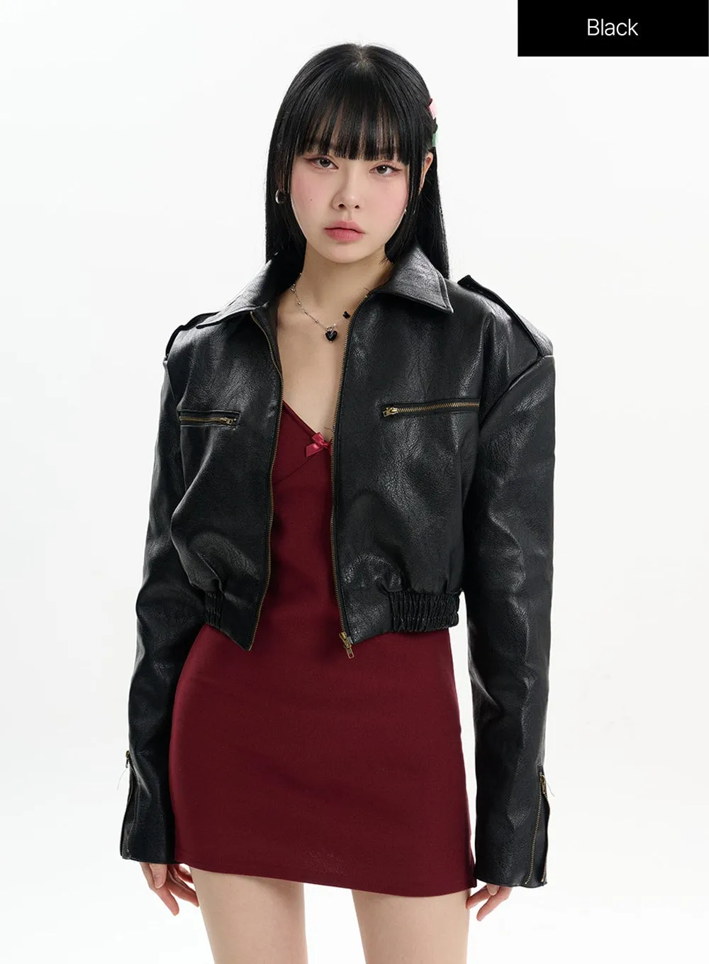 Solid Leather Cropped Jacket IF413