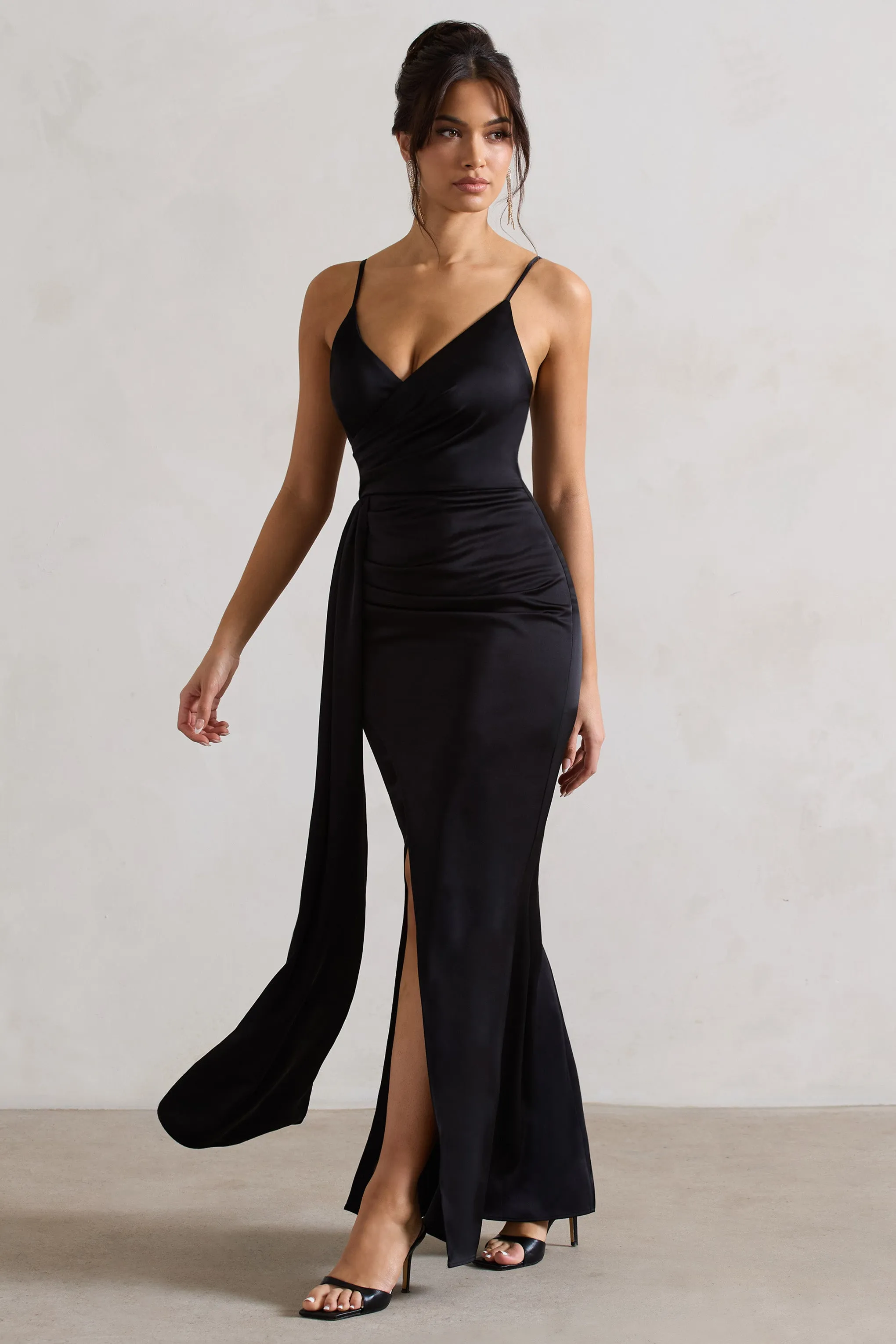 Soraya | Black Satin V-Neck Split Maxi Dress With Drape