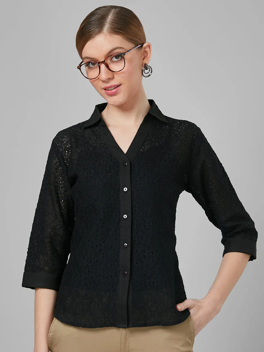 Style Quotient Women Black Self Design Cotton Regular Smart Casual Shirt