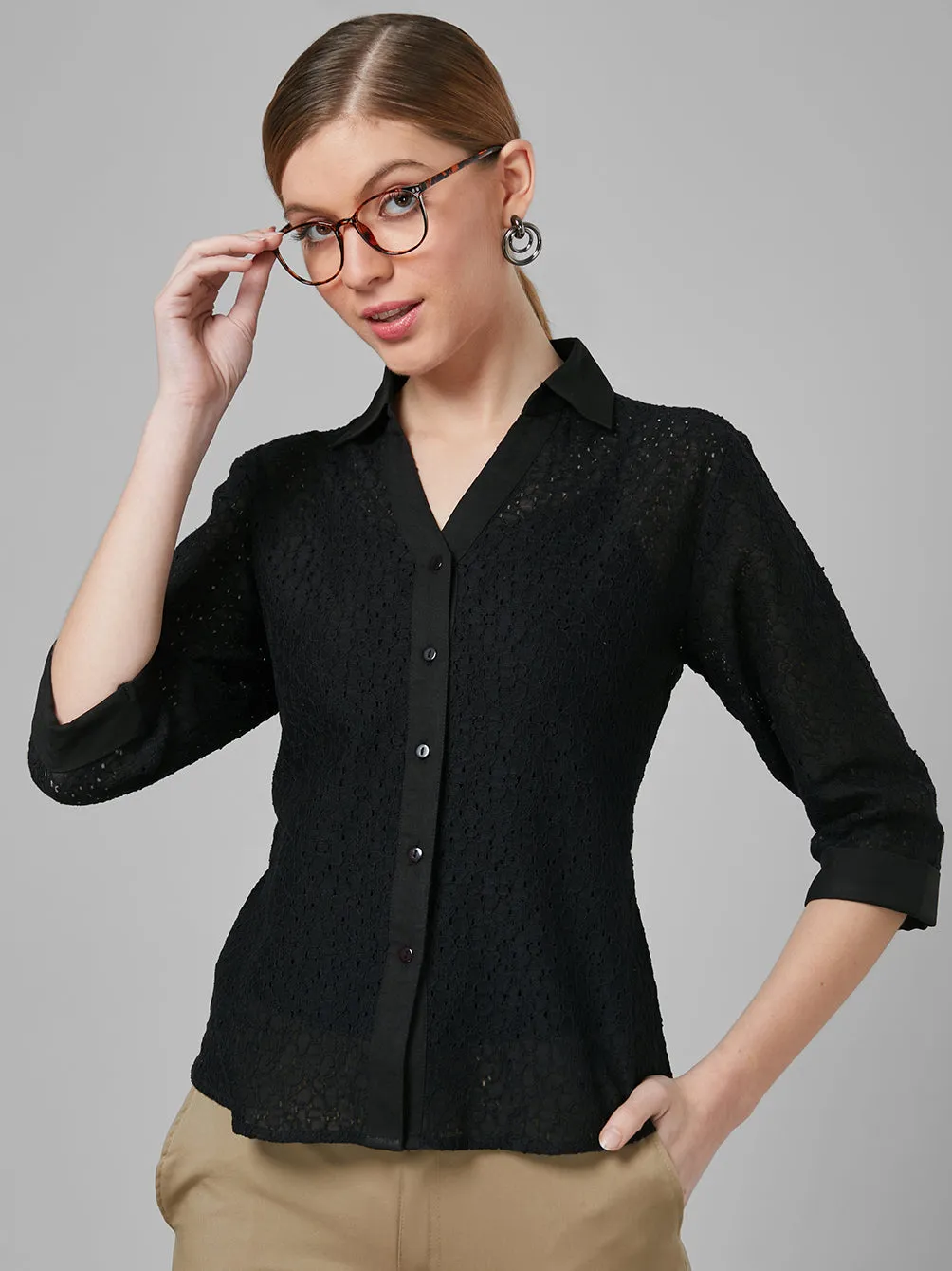 Style Quotient Women Black Self Design Cotton Regular Smart Casual Shirt