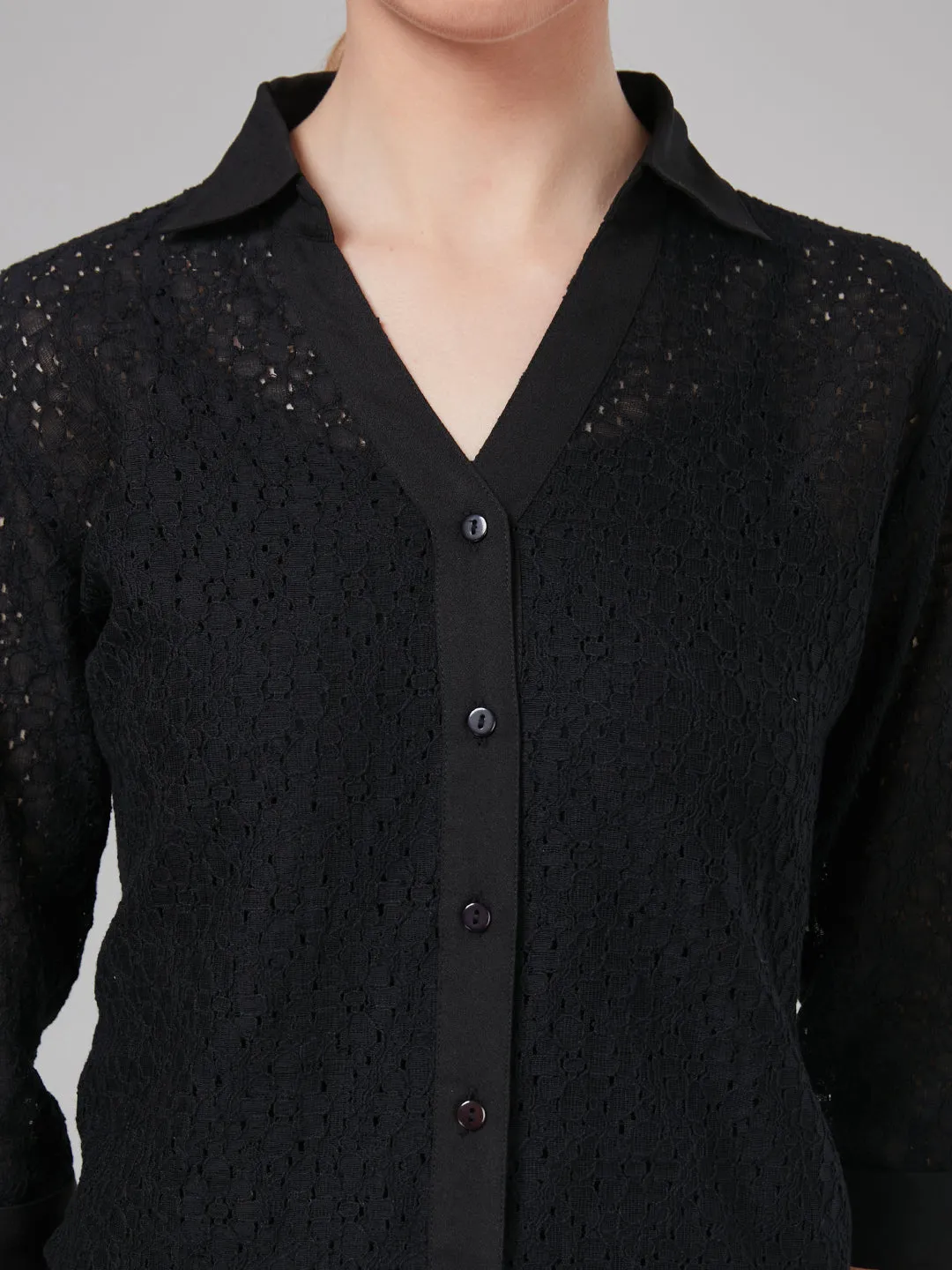 Style Quotient Women Black Self Design Cotton Regular Smart Casual Shirt