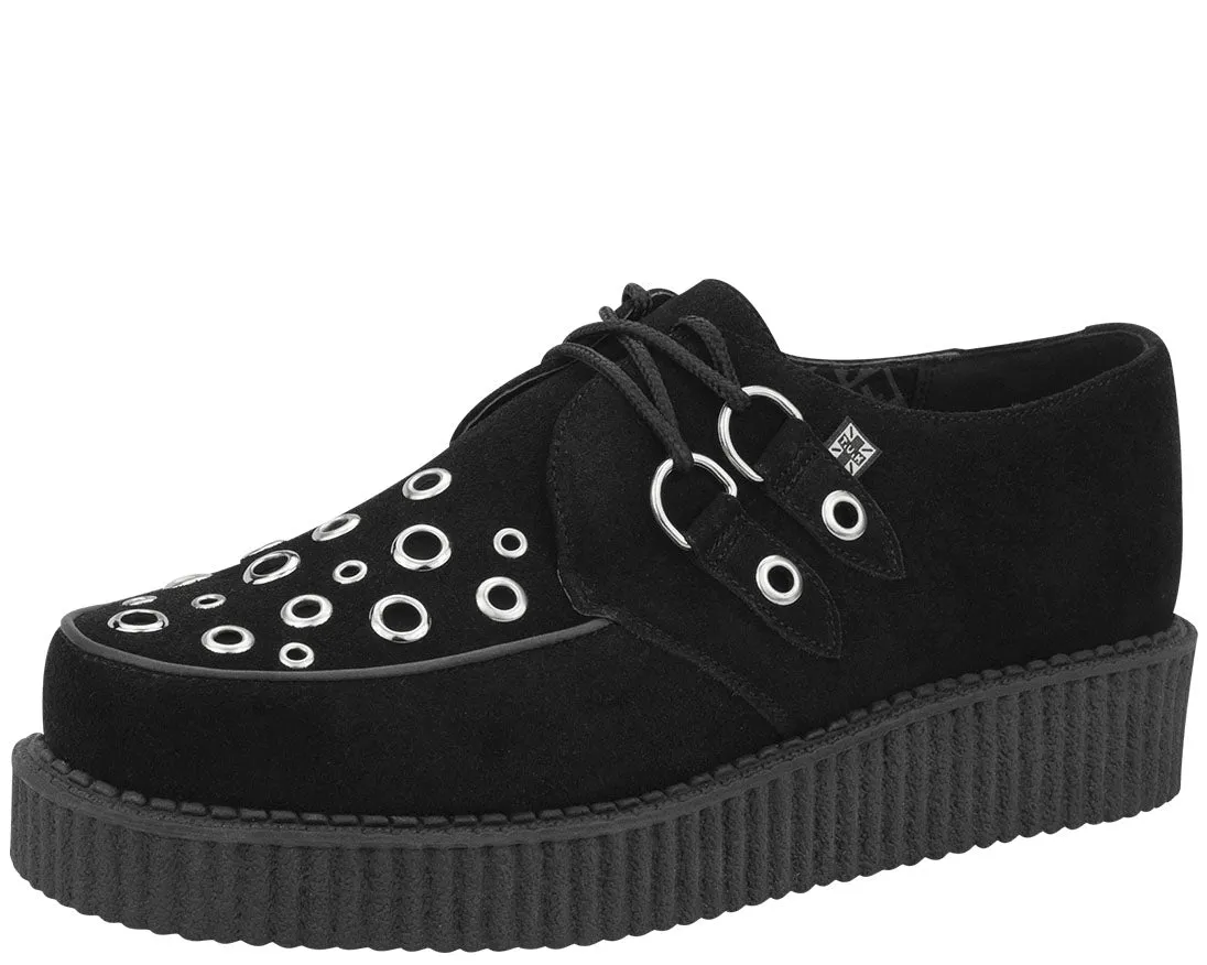 T.U.K BLACK SUEDE RINGS ROUND LOW CREEPER