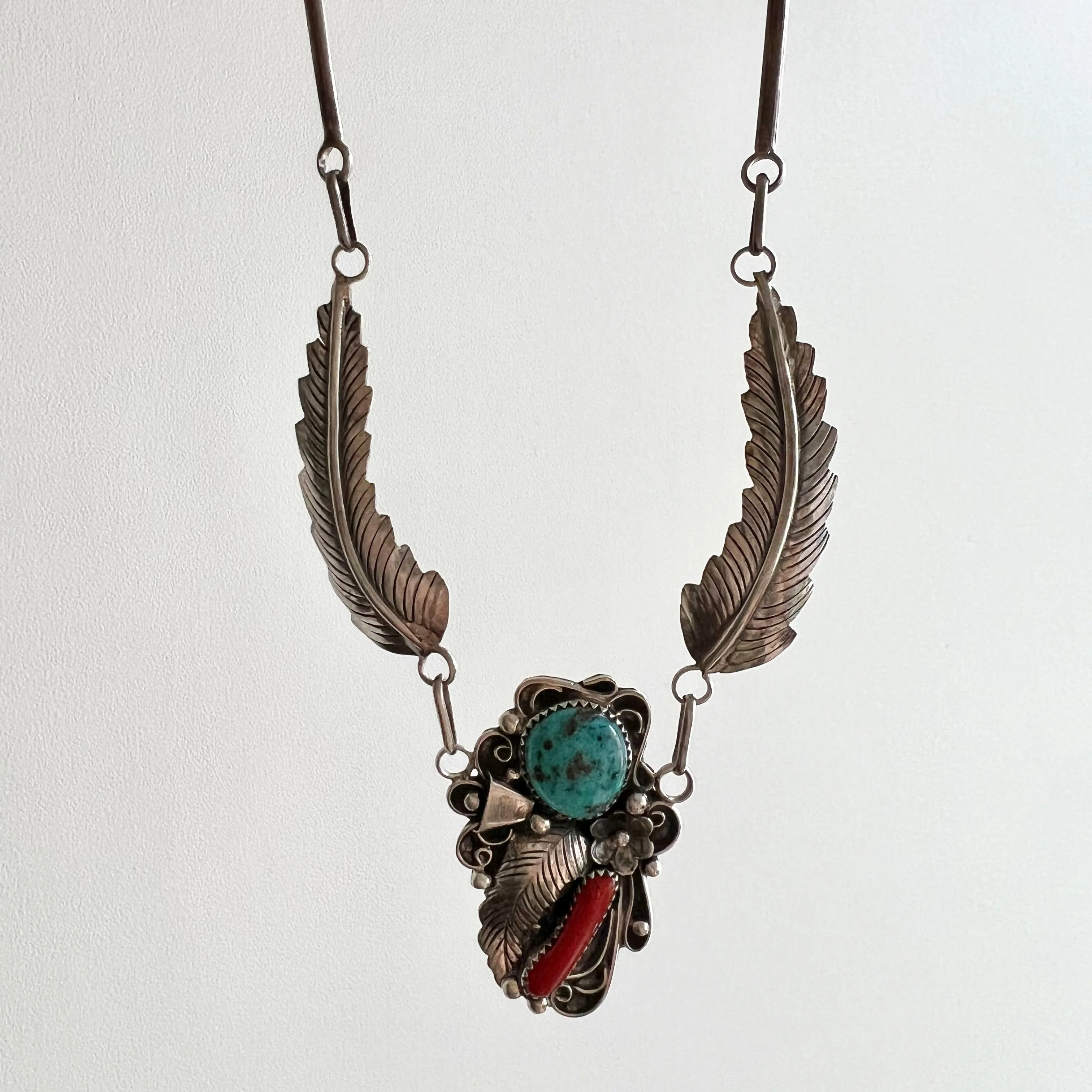 V I N T A G E // Angela's feathers / sterling silver artisan necklace by Angela Lee / turquoise and coral