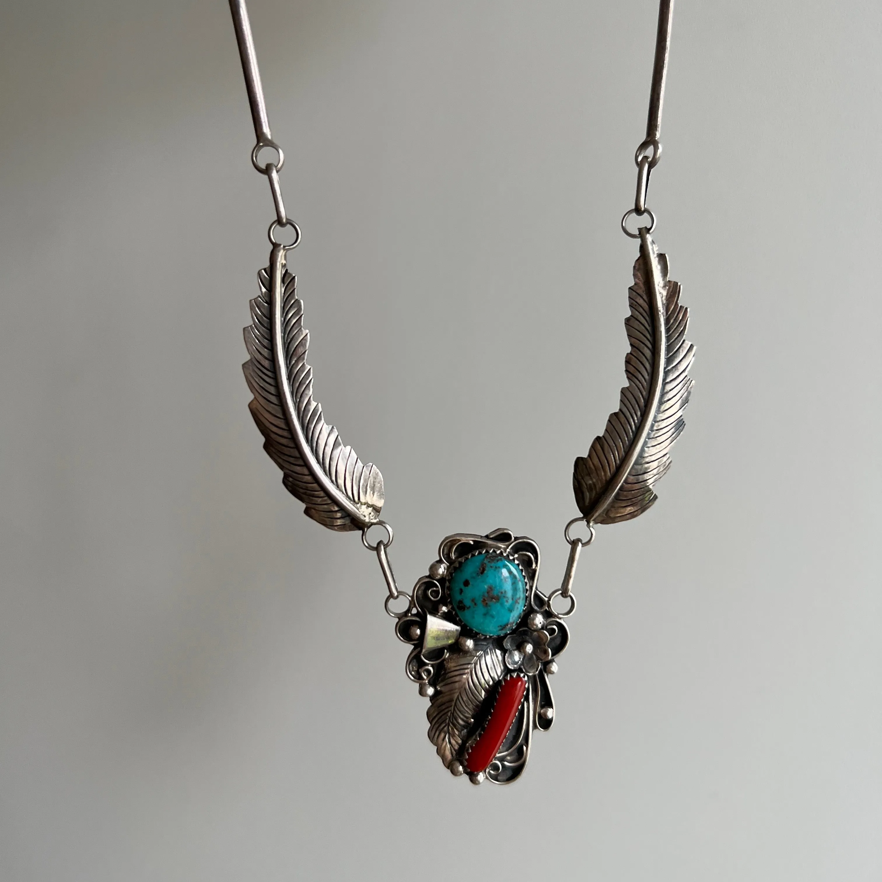 V I N T A G E // Angela's feathers / sterling silver artisan necklace by Angela Lee / turquoise and coral