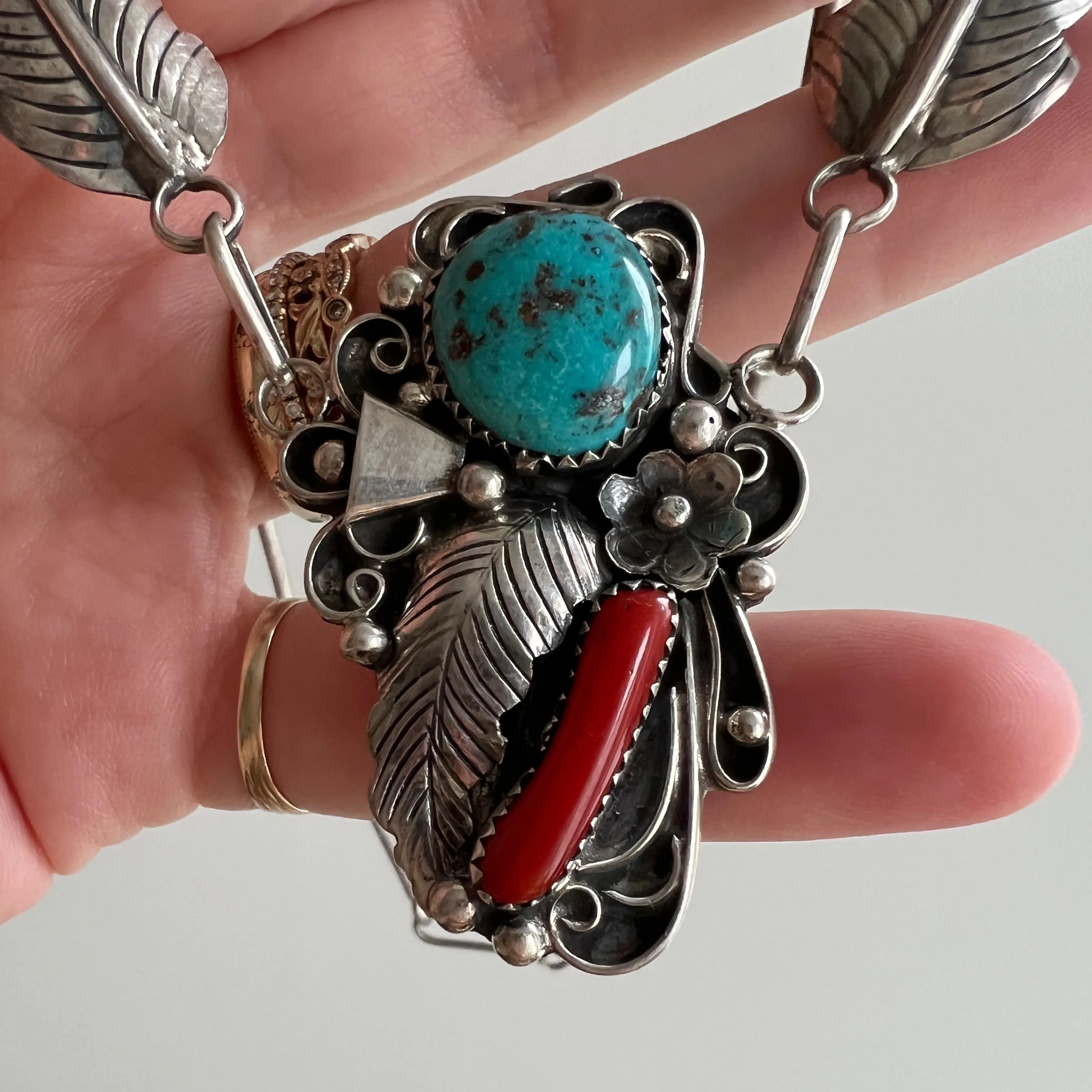 V I N T A G E // Angela's feathers / sterling silver artisan necklace by Angela Lee / turquoise and coral